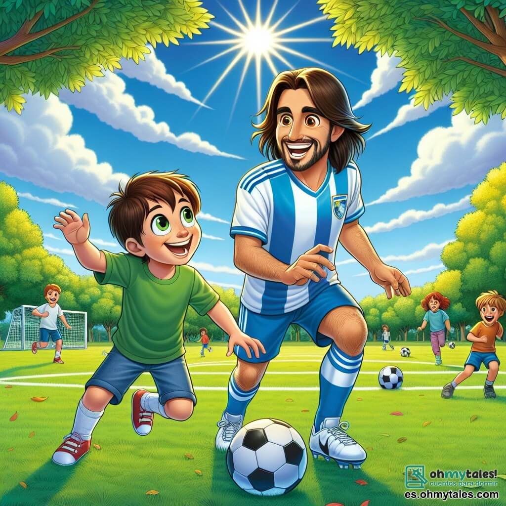 Un hombre, Diego, está en el centro de la imagen, con una gran cabellera castaña y ojos brillantes de alegría. Lleva una camiseta de fútbol azul y blanco, con una gran sonrisa en su rostro, mostrando su entusiasmo mientras dribla un balón de fútbol en el campo. A su lado, un niño de 10 años, Miguel, tiene cabello castaño y gafas redondas. Está tratando de imitar a Diego, con una expresión concentrada y decidida, los brazos extendidos para mantener el equilibrio. El escenario es un campo de fútbol verde, rodeado de árboles con hojas brillantes bajo un cielo azul claro, con nubes blancas esponjosas. A lo lejos, niños juegan y ríen, añadiendo una atmósfera alegre a la escena. La situación principal muestra a Diego enseñándole a Miguel cómo driblar el balón, transmitiendo su pasión por el fútbol, mientras el sol brilla, creando un ambiente cálido y amigable.