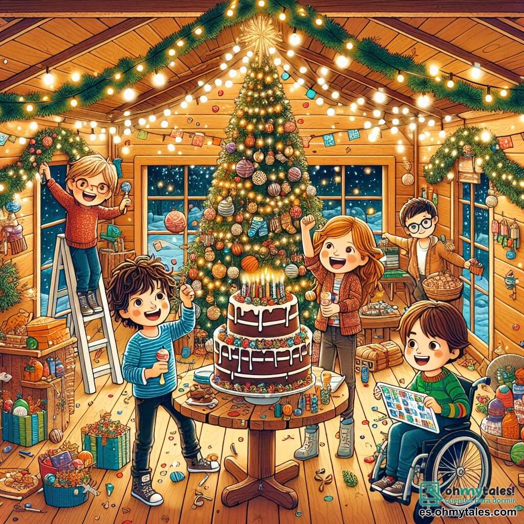 En una acogedora cabaña de madera, decorada con guirnaldas luminosas y un gran árbol de Navidad, cuatro amigos se preparan para una fiesta de Año Nuevo. Lucas, un niño de 11 años con cabello castaño desordenado y una gran sonrisa, está en el centro, sosteniendo un enorme pastel de chocolate. A su derecha, Valeria, una niña de 10 años con cabello largo y rubio, está colgando decoraciones de papel de colores del techo. A la izquierda, Mateo, un niño de 11 años con cabello rizado y gafas, ríe mientras lanza bolas de nieve de papel a sus amigos. Finalmente, Andrés, un niño de 12 años con cabello corto y una actitud alegre, está sentado en su silla de ruedas, sosteniendo una tablet con juegos, listo para coordinar las actividades. La cabaña está llena de luces brillantes y un ambiente festivo, con una gran mesa repleta de platos sabrosos y bebidas espumosas. La escena principal muestra a los amigos riendo y divirtiéndose juntos, rodeados de decoraciones coloridas, mientras se preparan para contar regresivamente y dar la bienvenida al nuevo año con sonrisas y risas.