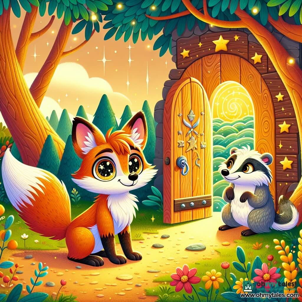 A clever fox with sparkling eyes and bright red fur, named Foxglow, stands in front of a small wooden door adorned with wave and star patterns. He expresses curiosity and excitement, with his ears perked up and his tail twitching. Beside him, a wise old badger, Wrenbadger, with gray fur and gentle eyes, observes attentively, a kind smile on his face. He stands slightly back, his paws resting on a small wooden chest, ready to listen to Foxglow. The setting is a sunny glade surrounded by majestic trees with green and golden leaves, with a ground covered in colorful flowers and soft moss. In the center, the small wooden door is partially open, revealing a golden and mysterious glow emanating from the chest. The main scene shows Foxglow, heart racing, holding a silver key in his paw, ready to open the magical chest containing hidden treasures.