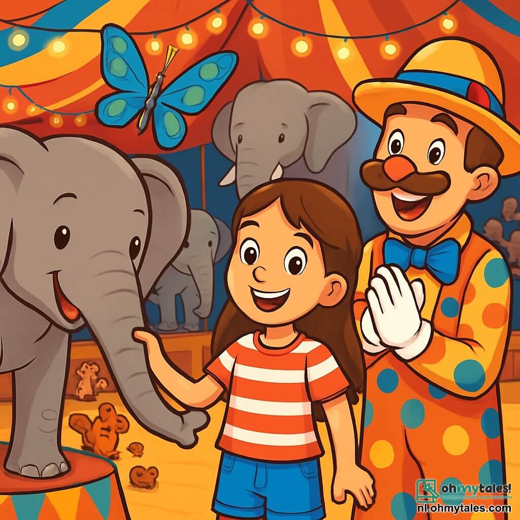 Een 10-jarig meisje, Emma, met lange bruine haren en sprankelende nieuwsgierige ogen, glimlacht vrolijk terwijl ze de slurf van een olifant vasthoudt. Ze draagt een rood-wit gestreept T-shirt en een spijkerbroekshort, staande in het midden van de scène. Naast haar applaudisseert Leo, een man van ongeveer 30 jaar, met een grote snor en een clownshoed, enthousiast gekleed in een kleurrijk stippenkostuum. Max, een kleurrijke vlinder, vliegt boven hen met zijn schitterende blauwe en groene veren die onder het licht glinsteren. De setting is een grote circustent, versierd met lichtslingers en kleurrijke ballonnen, met verwonderde toeschouwers die op houten banken zitten. Op de achtergrond staan majestueuze olifanten trots, omringd door ondeugende eekhoorns die met noten jongleren. De scène toont Emma, Leo en Max die de terugkeer van de olifanten naar het circus vieren, omgeven door een feestelijke sfeer vol vreugde en gelach, terwijl ze zich voorbereiden op een spectaculair nummer.