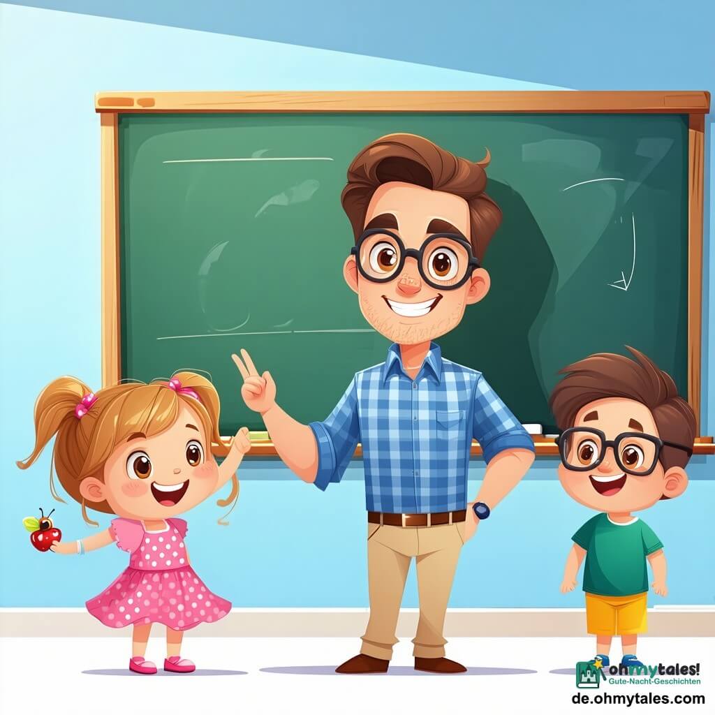 Ein lächelnder Lehrer in den Dreißigern mit unordentlichen braunen Haaren und runden Brillen steht vor einer lebhaften Klasse. Er trägt ein blaues kariertes Hemd und beige Hosen und wirkt enthusiastisch und wohlwollend, mit funkelnden Augen vor Freude. Neben ihm hebt ein 8-jähriges Mädchen, Lila, mit geflochtenen blonden Haaren und einem rosa gepunkteten Kleid, lächelnd die Hand, um gespannt ihre Geschichte über ein farbenfrohes Insekt zu erzählen, das sie gesehen hat. Ein 9-jähriger Junge, Tom, mit Brille und grünem T-Shirt, sitzt auf dem Boden, umgeben von offenen Büchern, und konzentriert sich auf eine Mathematikaufgabe. Die Szene spielt in einem hellen Klassenzimmer mit Wänden, die mit Kinderzeichnungen dekoriert sind, und Regalen voller bunter Bücher. Fenster lassen Sonnenlicht herein, das die fröhlichen Gesichter der Kinder erhellt. Der Lehrer erklärt leidenschaftlich ein mathematisches Konzept, während die Kinder aufmerksam zuhören, einige Notizen machen und andere die Hand heben, um Fragen zu stellen. Die Atmosphäre ist voller Energie und Neugier und zeigt die Liebe zum Lernen und die Magie des Unterrichts.