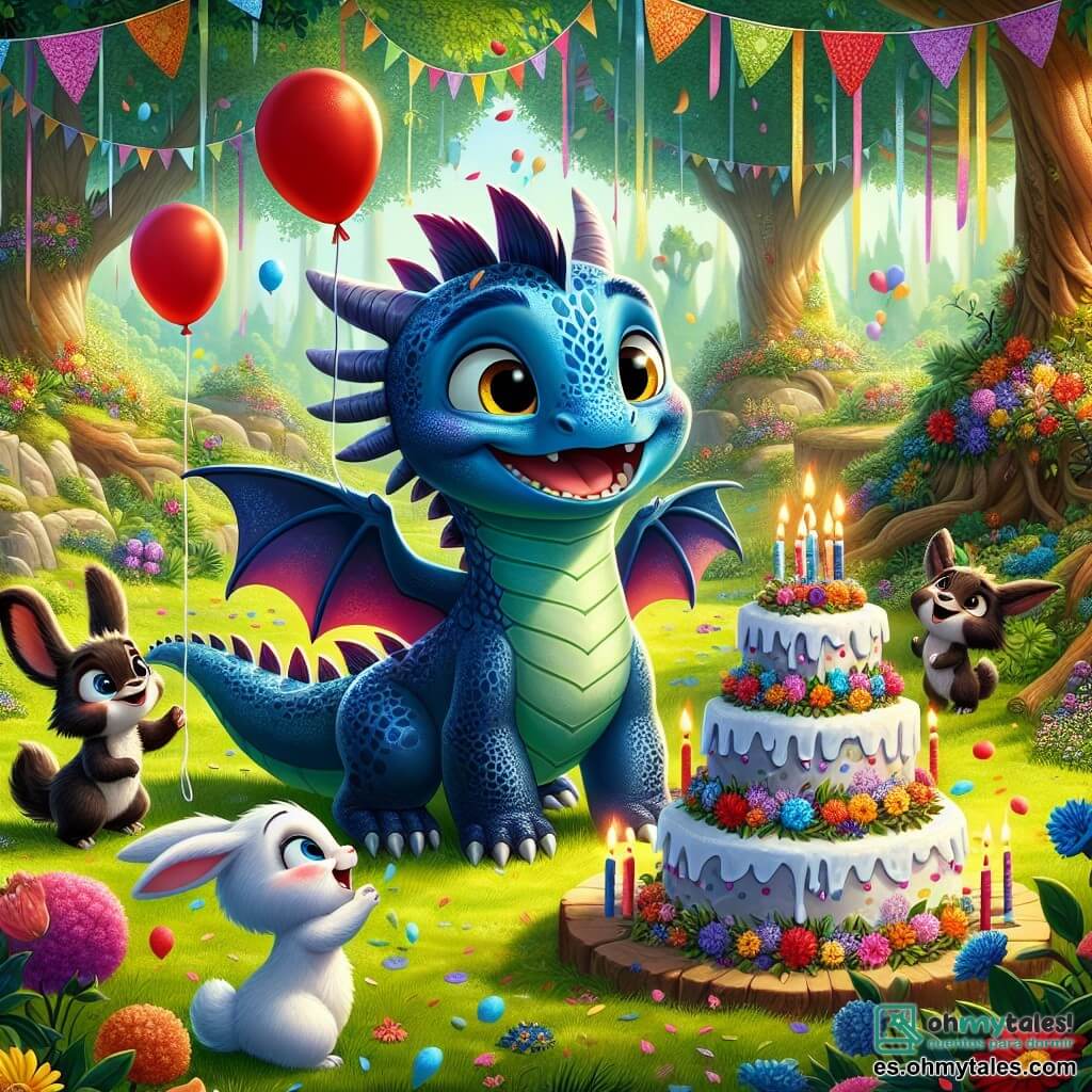 Un pequeño dragón llamado Pipo, con escamas brillantes de azul profundo y grandes ojos amarillos llenos de emoción, se encuentra en el centro de la escena, sonriendo con asombro al descubrir una fiesta de cumpleaños sorpresa. Tiene pequeñas alas y una cola enrollada a su alrededor, mientras mira un enorme pastel de zanahoria decorado con flores coloridas. A su lado, Rufus, un pequeño conejo de grandes orejas y pelaje blanco, salta de alegría, con los ojos brillantes de felicidad, sosteniendo un globo rojo en sus patas. Tula, una linda conejita con manchas marrones en el pelaje, sonríe cálidamente, sosteniendo serpentinas coloridas que flotan en el aire. La escena se desarrolla en un claro encantado, rodeado de árboles majestuosos con hojas verdes brillantes, con flores multicolores que bailan al viento y un cielo azul salpicado de nubes blancas esponjosas. La situación principal muestra a Pipo descubriendo su fiesta de cumpleaños sorpresa, rodeado de sus amigos que lo reciben con gritos de alegría, creando una atmósfera de felicidad y magia.