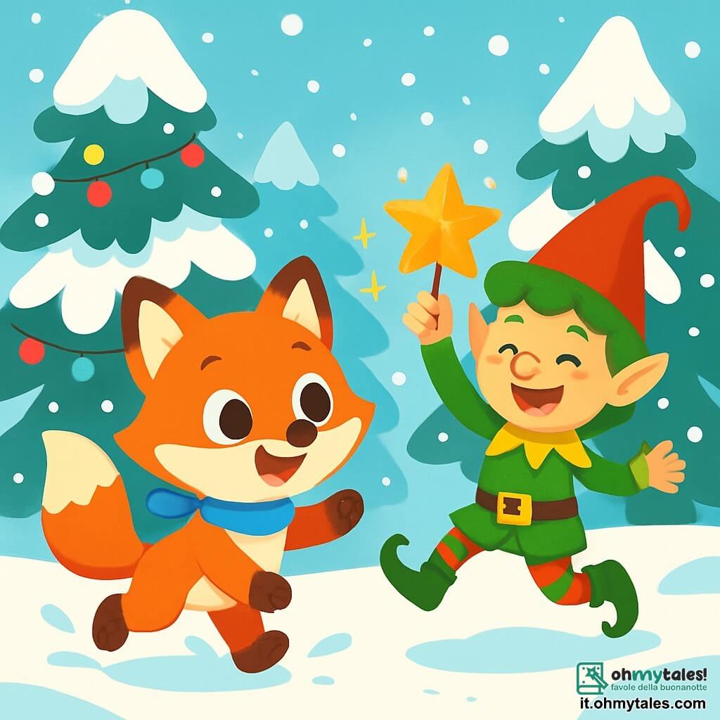 La piccola volpe Lilla, con il suo pelo rosso brillante e i suoi grandi occhi pieni di curiosità, salta nella neve con un sorriso gioioso. Indossa una piccola sciarpa blu attorno al collo ed è piena di energia, cercando la magia del Natale. Accanto a lei, il Folletto Burlone, un personaggio birichino con un cappello a punta rosso e capelli ricci verdi, ride mentre fa una piroetta nella neve. Il suo viso è illuminato da un sorriso malizioso e tiene una piccola stella dorata nella mano. Il paesaggio è un meraviglioso bosco innevato, con alberi coperti di neve scintillante. Fiocchi di neve cadono dolcemente dal cielo blu chiaro e ghirlande di luci colorate decorano i rami degli alberi, creando un'atmosfera festosa e magica. La scena principale mostra Lilla e il Folletto Burlone mentre cercano la stella dorata per l'albero di Natale, circondati da glitter brillanti e risate, mentre la magia del Natale li avvolge.