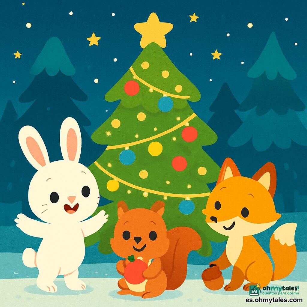 Un pequeño conejito blanco como la nieve, llamado Luno, con grandes orejas y ojos brillantes de alegría, está frente a un gran árbol de Navidad resplandeciente, decorado con luces doradas y bolas de colores. Luno sonríe, con sus pequeñas patas levantadas, listo para celebrar la magia de la noche. A su lado, una adorable ardilla de pelaje rojizo y ojos chispeantes, que sostiene una manzana roja en sus pequeñas patas, irradia felicidad. Un poco más lejos, una bonita zorra de pelaje dorado, con una expresión amigable, deja una nuez bajo el árbol, sumando al espíritu festivo. El decorado es un tranquilo bosque nevado, con copos de nieve cayendo suavemente, árboles majestuosos rodeando el gran pino iluminado, y un cielo estrellado brillando arriba. La escena muestra a Luno y sus amigos reunidos alrededor del árbol, compartiendo risas y dulces, creando una atmósfera cálida y alegre, llena de magia navideña.