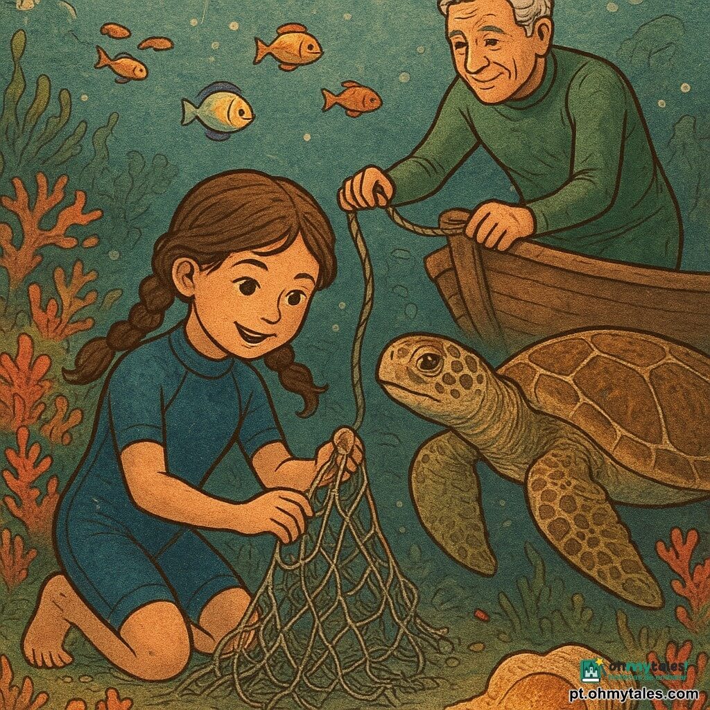 Uma menina de 8 anos, curiosa e sorridente, cabelos castanhos em tranças, veste um pequeno traje de mergulho azul e está ajoelhada debaixo d'água desatando uma rede nos corais; um avô de cerca de 70 anos, cabelos grisalhos e pele levemente bronzeada, em traje verde, ajuda da superfície segurando a corda da rede e apoiado num pequeno barco; uma grande tartaruga marinha calma nada ao lado deles como guia; peixes coloridos e peixes-lanterna iluminam a cena; o recife denso tem corais vermelhos, rosas e laranja, algas e bolhas subindo; uma concha aberta emite um brilho dourado sutil no fundo, criando uma composição subaquática suave com paleta quente, contrastes nítidos e traços texturizados.