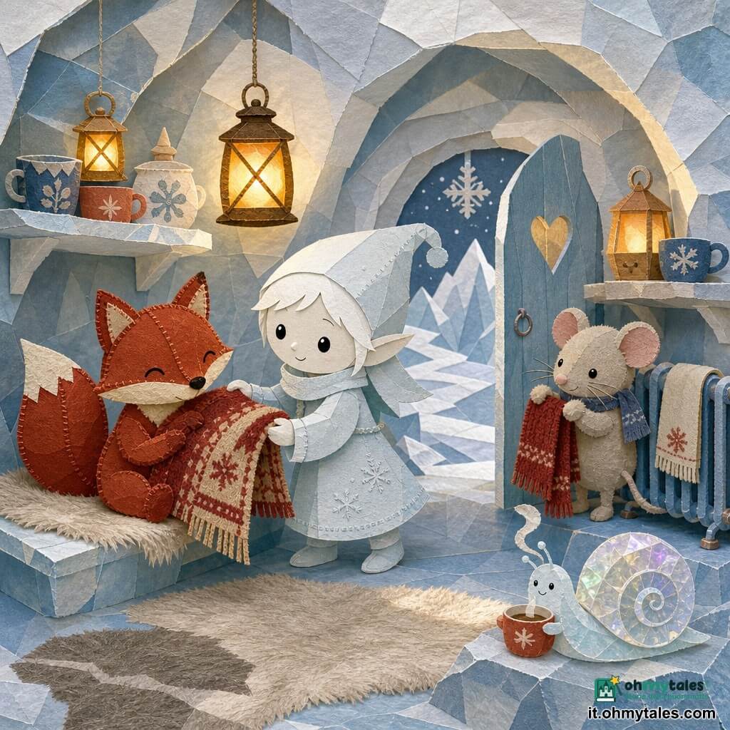Il personaggio principale è un piccolo folletto di neve chiamato Lumo, viso rotondo e dolce, occhi a perla neri, bocca a mezza luna, pelle bianco perla con riflessi bluastri, espressione benevola, che tende una coperta lavorata a mano rossa e beige a un amico; personaggi secondari: una piccola volpe di stoffa rossiccia cucita a mano con occhi ricamati, tremante ma riconoscente, seduta a sinistra su una panca di ghiaccio che riceve la coperta; una minuscola lumachina di ghiaccio con conchiglia traslucida iridescente posata su una roccia vicino alla porta che tiene una tazza di tè fumante; un topolino di stoffa con baffi sottili e sorriso timido che asciuga una sciarpa su un termosifone di ghisa dipinto di blu a destra di Lumo; ambientazione: interno di una casetta di ghiaccio dalle pareti traslucide con lanterne a olio che diffondono luce ambrata calda, tappeti di pelliccia finta sul pavimento di ghiaccio, asciugamani caldi sul termosifone e mensole con tazze di ceramica dipinte; scena: atmosfera invernale accogliente in cui Lumo condivide coperte e bevande calde con gli amici, contrasti tra il bianco freddo della neve e le luci calde, composizione centrata sul gesto della coperta, stile carta ritagliata con texture di carta stropicciata e cuciture visibili.