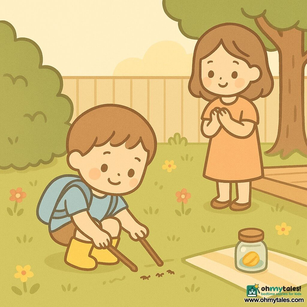 A joyful, focused 4-year-old boy in yellow rain boots and a light blue backpack crouches, placing two sticks and a small bowl as a bridge over an ant trail while his smiling, caring mother (about 30–35) watches from a terrace, gently clapping; the backyard has thick green grass, a bush, a tree and a pale wooden fence, and on a striped picnic blanket a small glass jar with a lid holds a shiny cap like a treasure, all bathed in soft late-afternoon light with long shadows and warm colors.
