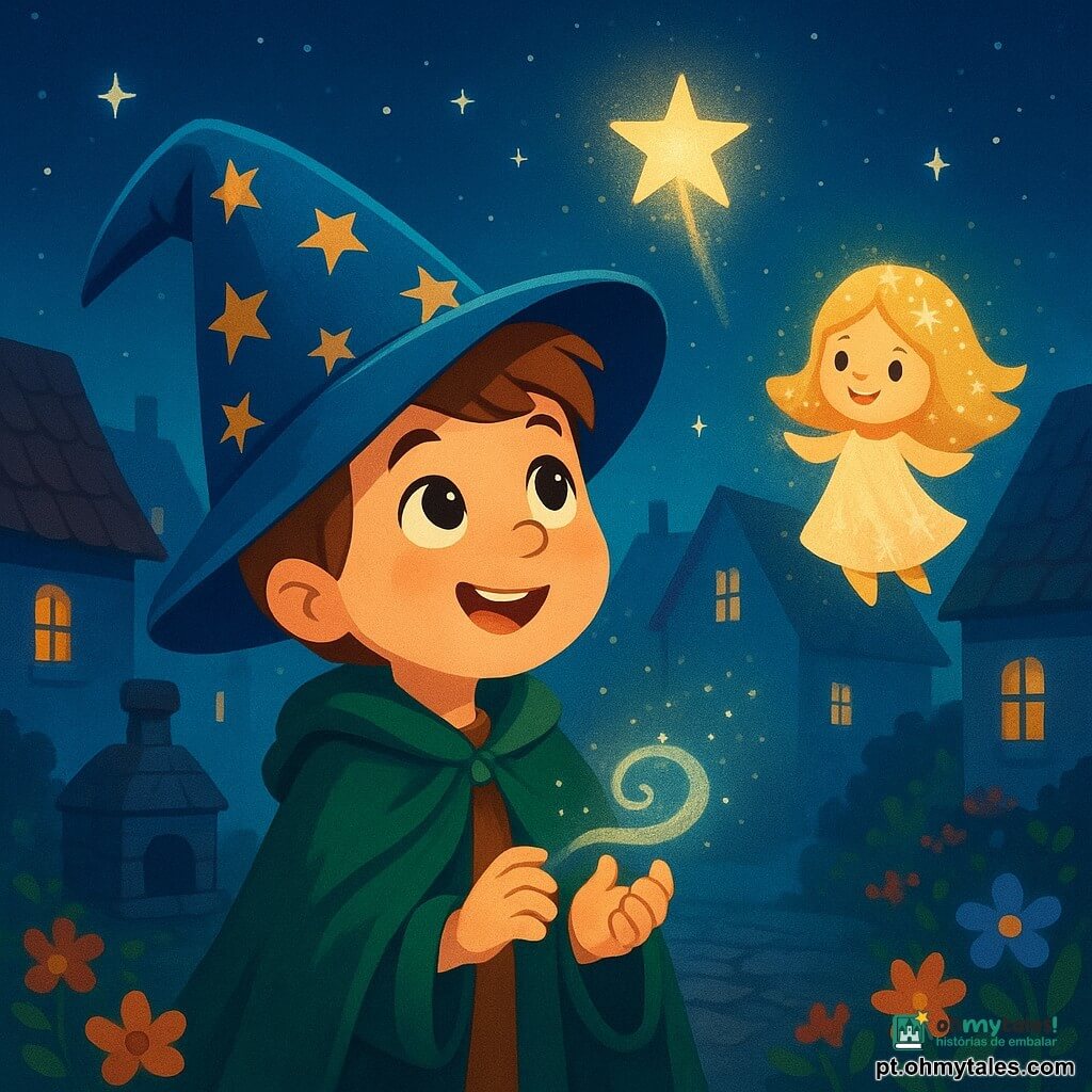 Um jovem garoto, Téo, de cinco anos, é um aprendiz de feiticeiro com olhos brilhantes de curiosidade. Ele usa um chapéu de feiticeiro azul, adornado com estrelas douradas, e um manto de veludo verde que flutua ao seu redor. Seu rosto é iluminado por um sorriso maravilhado, enquanto segura um pequeno fio de luz prateada nas mãos, pronto para descobrir um segredo mágico. Ao seu lado, a Mensageira Estelar, uma pequena criatura luminosa, flutua no ar. Ela tem cabelos brilhantes como estrelas e um rosto sorridente, vestindo um vestido feito de papel da lua. O cenário se passa em um antigo vilarejo, com casas de telhados escuros sob um céu noturno cheio de estrelas brilhantes. Uma leve névoa envolve as ruas de paralelepípedos, e flores coloridas florescem ao redor de um fogão de pedra, adicionando um toque de magia à atmosfera. A cena principal mostra Téo, concentrado e determinado, murmurando uma palavra mágica enquanto olha para o céu. A Mensageira Estelar brilha ao seu lado, enquanto uma estrela cintilante desce lentamente, iluminando o vilarejo com sua luz suave e acolhedora.