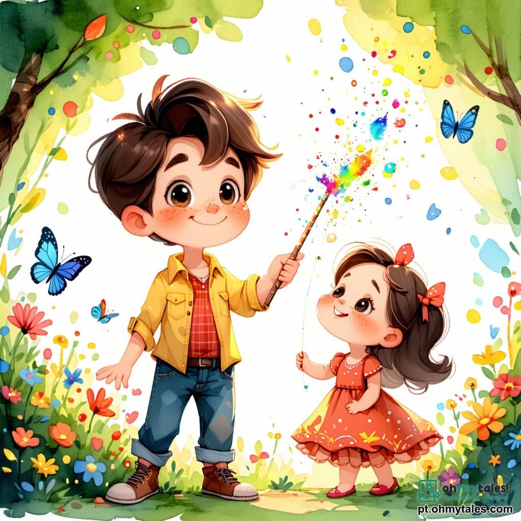 Um menino de 4 anos, chamado Pedrinho, com cabelos castanhos bagunçados e um grande sorriso travesso, segura uma varinha mágica que emite brilhos de cores vivas. Ele está em um jardim ensolarado, cercado por flores coloridas e borboletas que voam ao seu redor, mostrando uma expressão de alegria e encantamento. Ao seu lado, sua melhor amiga Bia, uma menina de 4 anos com cabelos loiros trançados e um chapéu mágico que muda de cor, observa com diversão as borboletas que voam. Ela está sentada na grama, rindo da situação. Dudu, um menino de 4 anos com óculos redondos e uma camiseta listrada, está um pouco afastado, segurando um pote de bolinhos, com uma expressão surpresa enquanto um bolinho cai de seu bolso. Ele está perto de uma árvore, um pouco desajeitado, mas sorrindo. O local é um jardim encantador, cheio de flores vibrantes, árvores majestosas e um céu azul claro, onde a magia parece flutuar no ar. A situação principal mostra Pedrinho tentando usar sua varinha mágica para fazer descer um gatinho chamado Bolinha de um galho de árvore, mas em vez disso, balões coloridos voam ao redor deles, provocando risadas e boa disposição entre os amigos.