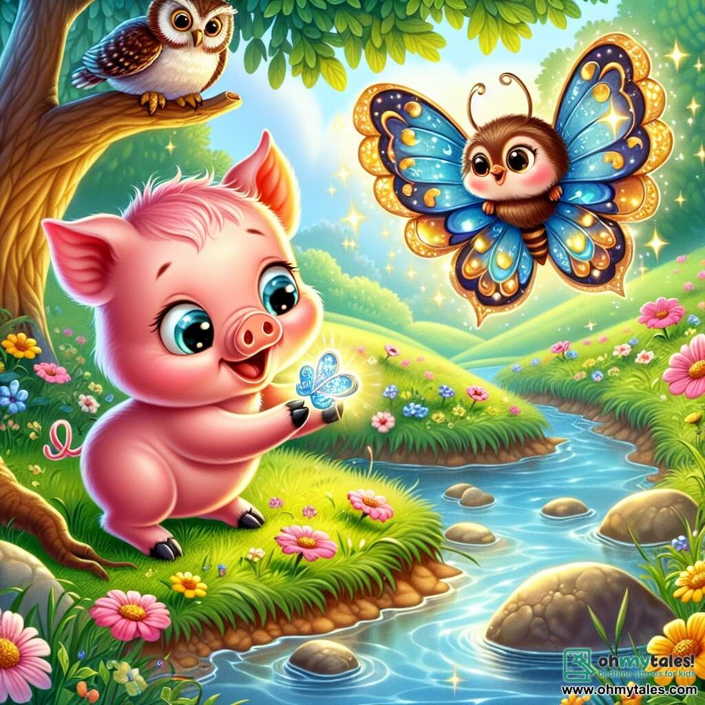 A little pig named Percy, with shiny pink fur and sparkling curious eyes, stands by a stream, looking amazed and joyful, holding his precious shiny pebble in his small paws. Next to him, a lovely butterfly named Bella, with colorful blue and yellow wings, gracefully flies around him, adding a touch of magic to the scene. In the background, a wise owl, with large round eyes and brown feathers, perches on a branch of a large oak, watching the scene attentively. The stream sparkles under the sun, surrounded by brightly colored wildflowers and green grass, creating a joyful and enchanting atmosphere. Percy, delighted to have found his pebble, smiles widely, while Bella dances around him, celebrating their friendship in this idyllic setting.