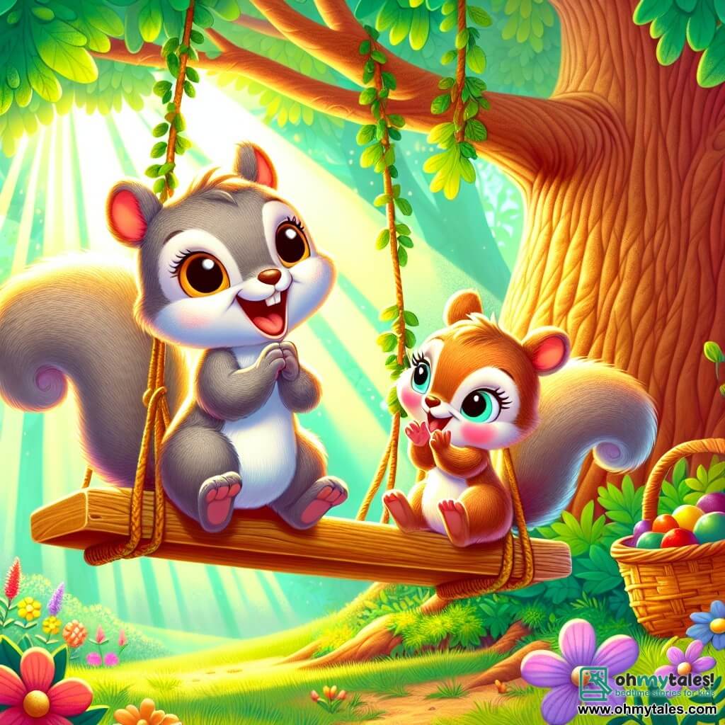 A small gray squirrel, Nutty, with soft fur and sparkling eyes, is sitting on a swing made of branches and vines, laughing joyfully. Next to him, his sister Pippa, a slightly lighter-furred squirrel with rosy cheeks, claps enthusiastically, her eyes shining with excitement. In the background, their mother squirrel, with a warm smile and attentive ears, proudly watches them while holding a basket filled with colorful fruits. The scene takes place under a majestic oak tree, with vibrant green leaves filtering sunlight, creating patterns of light and shadow on the ground. Brightly colored wildflowers surround the tree, adding a touch of magic to the scene. The main focus shows Nutty and Pippa having fun on the swing, laughing and enjoying a beautiful summer day filled with joy and family bonding.