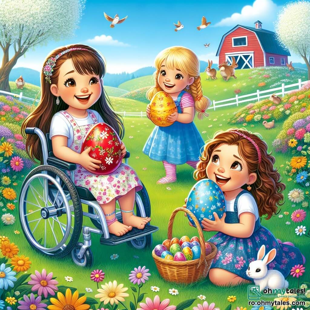 Trei fete vesele, Ana, Maria și Ioana, sunt adunate într-o frumoasă curte de fermă. Ana, o fetiță de 8 ani, se află într-un scaun cu rotile colorat, cu părul lung și brunet și un zâmbet strălucitor. Ea ține un ou roșu decorat cu motive florale. Lângă ea, Maria, o fetiță de 7 ani cu părul blond și împletituri, arată cu mândrie oul ei galben strălucitor. Ioana, o fetiță de 6 ani cu părul castaniu și buclat, este așezată în genunchi, ținând un ou albastru împodobit cu stele mici, cu o privire uimită. Curtea fermei este plină de flori colorate, copaci mari înfloriți și un cer albastru deschis. În fundal, se vede o magazie roșie și iepuri care sar vesel prin iarba verde. Cele trei fete caută o comoară de Paște și tocmai au descoperit un coș mare plin cu ciocolată delicioasă. Ele râd și se bucură de descoperirea lor, creând o atmosferă de bucurie și prietenie.