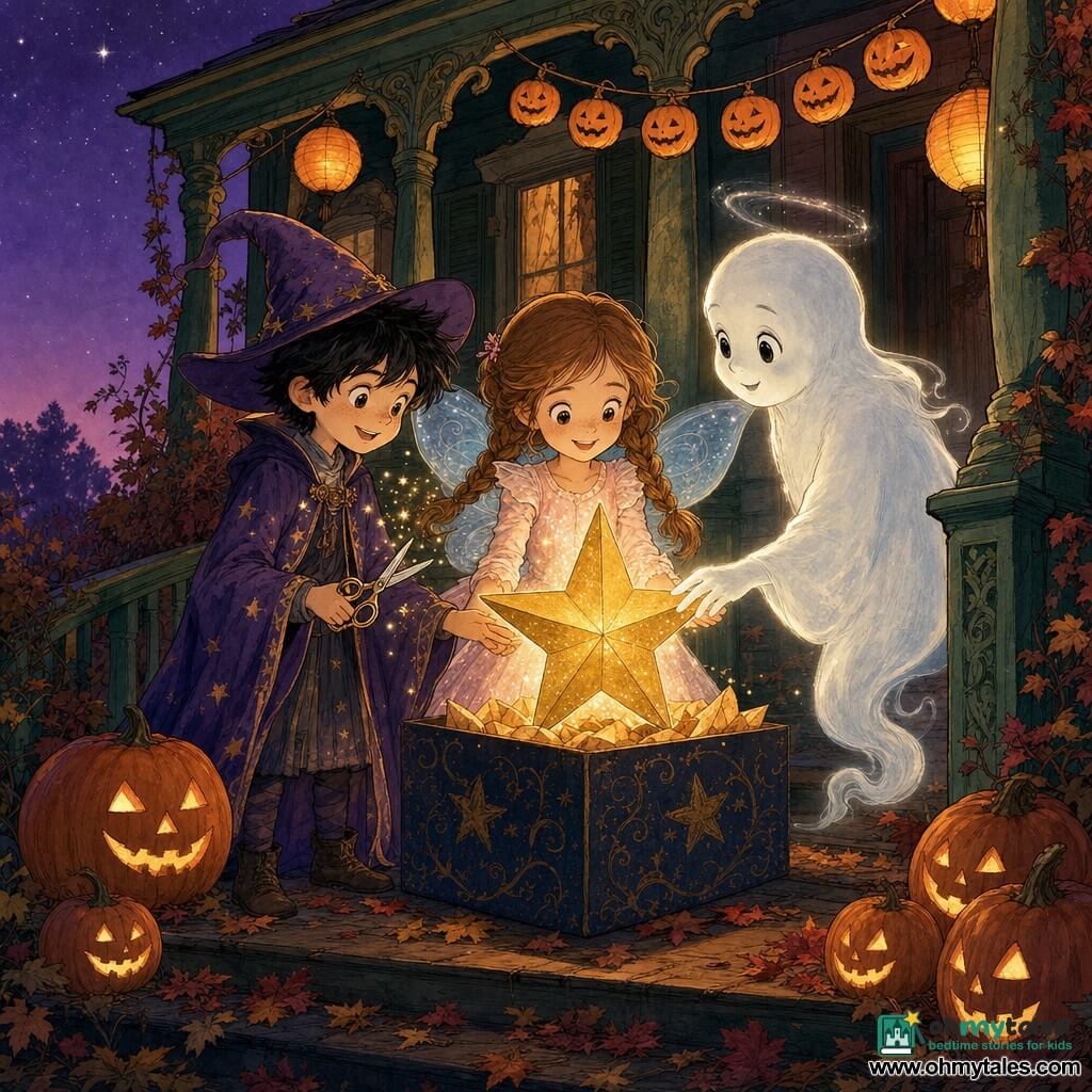 There are three characters: Lucy, about 8, light brown braided hair in a pale pink fairy dress with sky-blue translucent wings, centered and delicately holding a large gold paper star; Max, about 8, messy black hair in a purple wizard coat and pointed hat, standing left of Lucy, smiling and holding scissors with faint sparks; and Glimmer, a small gender-neutral friendly ghost, white vaporous form with a silver halo, floating right of Lucy and touching the star with a translucent hand. In front of Miss Hazel’s house on a dark green painted wooden porch decorated with carved pumpkin garlands and small orange lanterns, red and gold autumn leaves scattered on the steps under a deep violet twilight sky with timid stars. The children and ghost place the shining paper star into a decorated box on the porch; the star emits a warm golden glow that lights their faces, the lanterns, and the pumpkins—intimate composition, joyful expressions, strong ink contrasts and metallic highlights on the star.