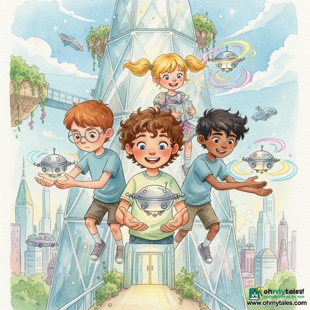 Four children hover just above the entrance of the Crystal Tower — a diamond-cut glass skyscraper with reflective facets, floating gardens and translucent walkways — as they prepare to deliver a sparkling package: Leo, 7, curly brown hair, blue eyes, smiling at center front holding a small silver Hover-Bot; Max, 8, short chestnut hair and round glasses, left of Leo trying to steady his trembling Hover-Bot; Sam, 7, slightly tanned with messy black hair, right of Leo making his Hover-Bot dance in colorful loops; and Zoe, 7, blond braids in a bright dress behind Leo holding the shiny wrapped parcel; the scene is dynamic and warm with soft neon lights, color reflections on glass, flying cars in the background, and a futuristic watercolor atmosphere.
