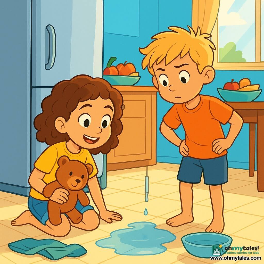 An 8-year-old girl with curly brown hair and sparkling curious eyes is crouching on the kitchen floor, a look of wonder on her face. She is wearing a bright yellow t-shirt and denim shorts, holding a teddy bear named Mr. Snuffles under her arm. Next to her, her 6-year-old brother Max, with messy blonde hair and an intrigued expression, is closely observing the floor with his hands on his hips. The kitchen is bright and welcoming, with light blue walls, a large silver fridge, and a wooden table filled with colorful fruits. A ray of sunlight filters through the window, illuminating a small puddle of water formed on the tiles. The main scene shows Emma and Max investigating a small puddle of water dripping from a pipe behind the fridge, surrounded by towels and a bowl to collect the water. They are focused and ready to solve the mystery of the strange noise that woke them up.