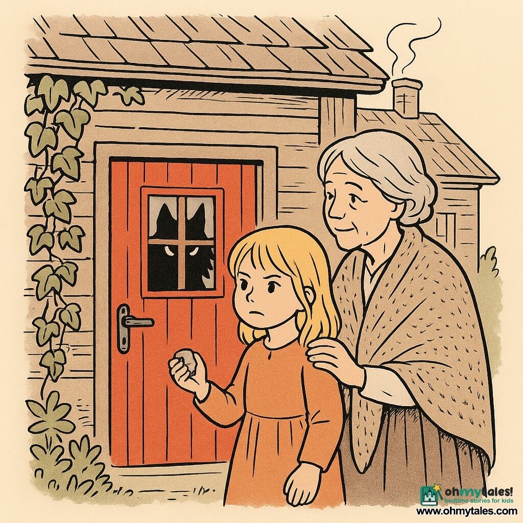 A 6-year-old girl with straw-like blonde hair stands in front of a bright red door. She has a determined look and holds a small stone in her hand. Beside her, her grandmother, an elderly woman with gray hair and a gentle face, stands protectively, with a hand on the girl's shoulder. She wears a woolen shawl and watches the door intently. The scene takes place in a small wooden house, with ivy-covered walls and a chimney emitting a thin smoke. The main situation shows the girl and her grandmother facing the door, behind which the shadow of a wolf with piercing eyes can be seen through the window. The atmosphere is both warm inside and mysterious outside.