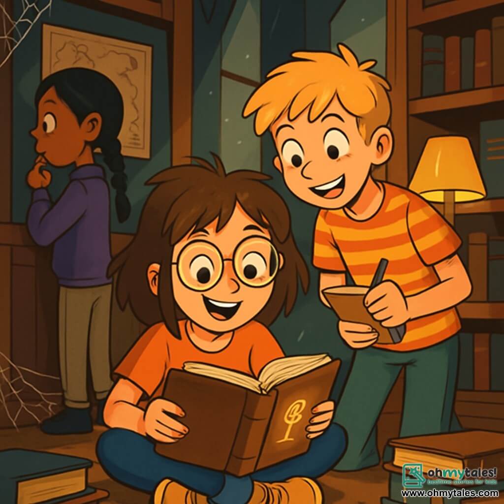 A 12-year-old girl with messy brown hair and round glasses is sitting on the floor of an old library, surrounded by dusty books. Her face shows excitement and curiosity, with sparkling eyes. She holds an old book open on her lap, uncovering an ancient secret. Next to her, a 12-year-old boy with messy blonde hair and a striped t-shirt looks over her shoulder with a knowing smile. He holds a small notebook in his hand, ready to jot down clues. In a corner, an 11-year-old girl with braided black hair and a purple sweater carefully studies an old map on the wall, furrowing her brows as if deciphering a mysterious code. The setting is an ancient library with dark wooden shelves, worn book covers, and soft light lamps creating a warm and intriguing atmosphere. Cobwebs in the corners and rays of light filtering through the windows add a touch of mystery. The main scene shows the three friends engaged in an investigation, discovering an ancient secret hidden in a book, surrounded by an atmosphere of adventure and curiosity, ready to solve the mystery of the missing locket.