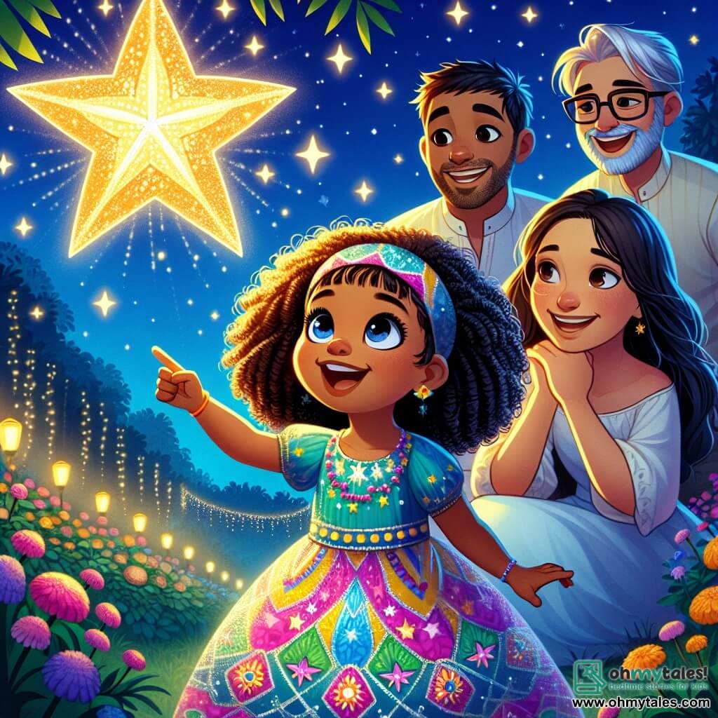 A 6-year-old girl named Layla, with curly, shiny hair, wears a colorful dress adorned with star patterns. She has big, amazed eyes and a radiant smile, joyfully bouncing while looking at a huge, sparkling star in the night sky. Next to her, her father, a middle-aged man with a soft beard and glasses, smiles proudly while holding her hand, while her mother, a warm-faced woman with long hair, watches them tenderly with her arms crossed. The setting is a peaceful garden filled with vibrant flowers and twinkling lights under a starry sky where the mysterious star shines brightly. The main scene shows Layla, in awe, pointing at the bright star, while her parents encourage her with expressions of joy and love.