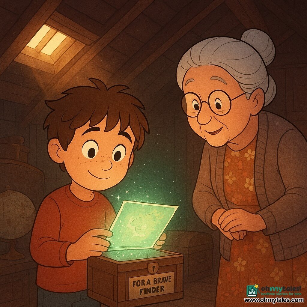 An 8-year-old boy with a round, freckled face, messy brown hair, wide amazed eyes and a shy smile holds a small open wooden box revealing a sparkling mint-green map with silver glints that lights his face; a grandmother (about 70) with gray hair in a soft bun, round glasses, a floral dress and knitted cardigan stands on the lower step, leaning forward with a benevolent, surprised expression watching him; the cluttered attic has dark wooden beams, dusty trunks, a cracked globe, skylight rays and visible dust motes; the box has a brass latch and a sticker reading FOR A BRAVE FINDER; calm magical atmosphere, warm browns and ochres contrasted by the cool map glow, clear 2D cartoon style with clean lines and soft expressive textures.