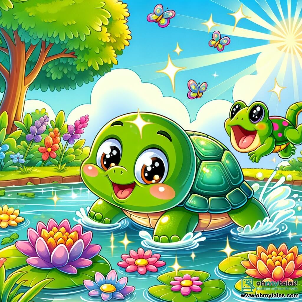 An illustration depicts a small turtle with a shiny green shell sparkling under the sun. It has large curious eyes and a joyful smile, swimming enthusiastically in the clear water of a pond. Nearby, a green frog, cheerful and playful, jumps on the lily pads, its eyes sparkling with mischief, seemingly encouraging the turtle in its adventure. The main setting is a sunny pond surrounded by colorful flowers and tall trees with lush green leaves. Sunlight filters through the branches, creating shimmering reflections on the water's surface. The main scene shows the turtle leaving the pond to explore the outside world, full of excitement and curiosity. Other graphic elements include colorful butterflies flying around the turtle, shimmering water reflections, and a joyful, bright atmosphere that evokes the spirit of adventure and discovery.