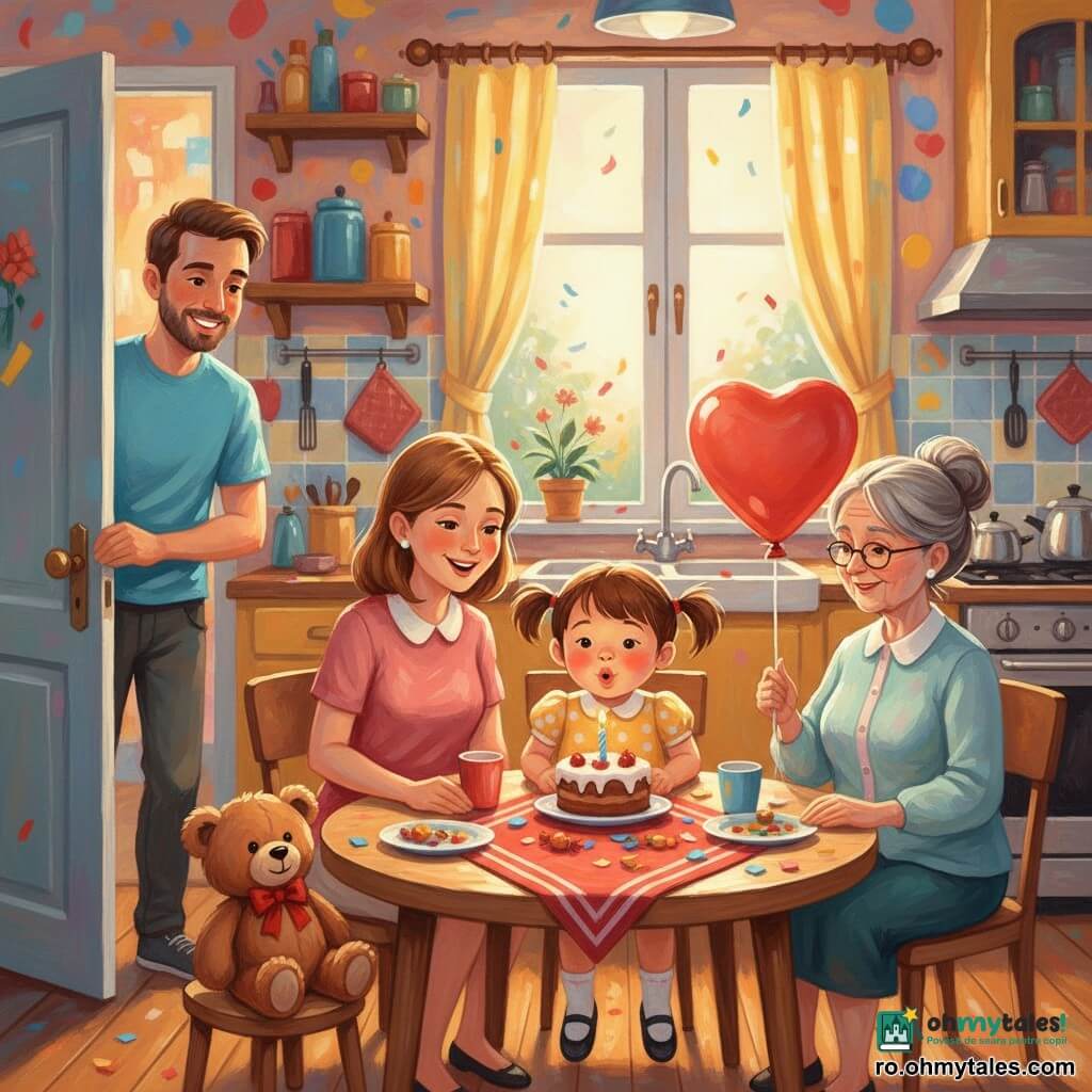 Fetiță de 2 ani, veselă, suflând o lumânare pe un tort aflat în centrul mesei; păr scurt castaniu în coadă, rochiță galbenă cu buline albe, mama (~30 ani) cu păr castaniu și șorț cu flori stă în spatele scaunului și ține blând tortul, tata (~32 ani) cu barbă scurtă și tricou albastru deschide ușa zâmbind la stânga, bunica (~65 ani) cu păr gri în coc și rochie pastel ține un balon roșu la dreapta, ursulețul de pluș Pufi, maro cu fundă roșie, stă pe un scaun lângă fetiță, bucătărie luminoasă, masă din lemn deschis cu față de masă în dungi roșii și albe, confetti și bomboane, fereastră cu perdele galbene, atmosferă caldă de sărbătoare cu culori vii.