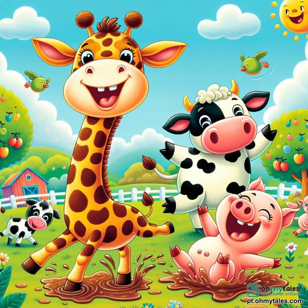 Uma girafa alegre chamada Gigi, com um longo pescoço manchado de marrom e amarelo, está no centro da cena, sorrindo e dançando, com suas patas alongadas levantadas no ar. À sua direita, uma vaca risonha chamada Lúcia, com pelagem preta e branca, faz piruetas, suas grandes orelhas caídas vibrando de excitação. À sua esquerda, um pequeno porquinho chamado Tico, com pele rosa e olhos brilhantes, desliza no chão lamacento, rindo alto enquanto tenta cantar. Ao fundo, uma fazenda colorida com campos verdes, árvores frutíferas e um céu azul salpicado de nuvens brancas cria uma atmosfera alegre e ensolarada. A cena mostra Gigi, Lúcia e Tico em plena festa, dançando e rindo juntos, cercados por outros animais divertidos, celebrando sua amizade em um ambiente festivo e lúdico.