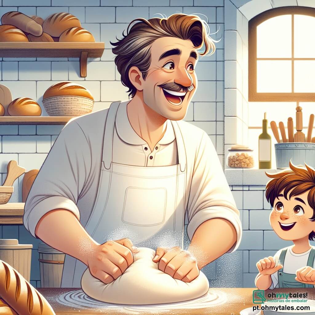 Um padeiro alegre, um homem de meia-idade com um grande sorriso, cabelos castanhos levemente desgrenhados e um avental branco, está amassando uma massa de pão em uma cozinha luminosa e acolhedora. Seus olhos brilham de entusiasmo enquanto ele dança levemente enquanto amassa a massa. Ao lado dele, um garoto de oito anos chamado Tomás, com cabelos castanhos e olhos brilhantes, observa com fascínio. Ele usa um pequeno avental azul e segura uma bola de massa, pronto para tentar amassar também. Tomás está em cima de um pequeno banquinho para alcançar a mesa de trabalho. A cena acontece em uma padaria aconchegante, com paredes de tijolos claros e prateleiras cheias de pães dourados e doces coloridos. O sol entra pela janela, iluminando a farinha que dança no ar. O padeiro e Tomás estão criando pão juntos, compartilhando risadas e segredos da padaria, enquanto a massa começa a tomar forma sob suas mãos.
