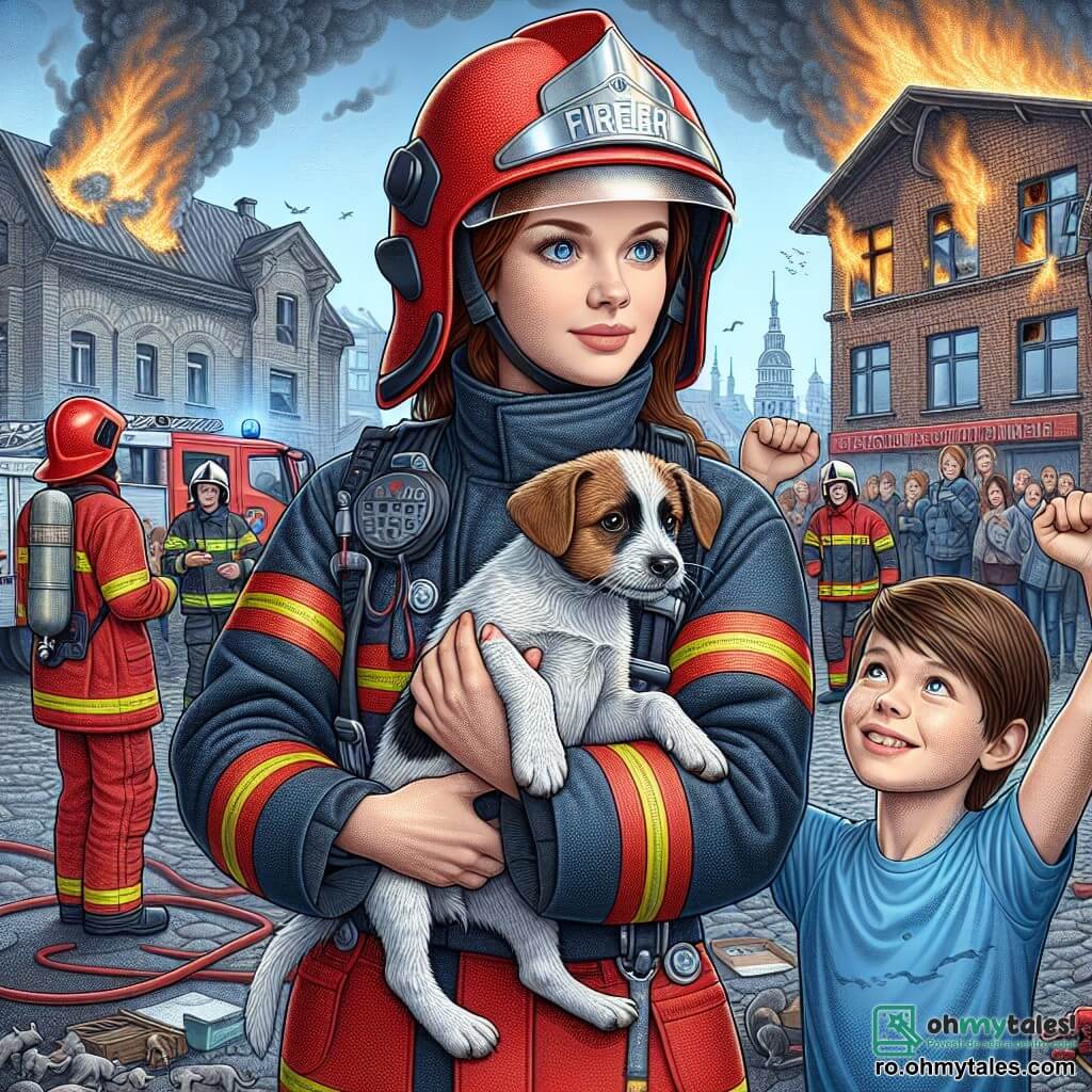 O tânără pompier, Ana, stă mândră în centrul imaginii, îmbrăcată într-un uniform roșu aprins, cu o cască strălucitoare pe cap. Fața ei exprimă o determinare și un curaj neclintit, în timp ce ține în brațe un câine mic tremurând, privindu-l cu tandrețe. La dreapta ei, un băiat de zece ani, Andrei, cu părul brunet și ochi strălucitori, o observă cu admirație. El poartă un tricou albastru și o pereche de pantaloni scurți, ridicând brațele în semn de încurajare, arătându-și entuziasmul de a deveni și el pompier. În fundal, un oraș în flăcări se conturează, cu flăcări într-o veche casă de cărămidă, în timp ce nori de fum gri se ridică în cerul albastru. Pompierii se agită în jur, iar curioșii se adună, îngrijorați dar fascinați de acțiune. Scena ilustrează momentul în care Ana tocmai a salvat câinele dintr-o clădire în flăcări, reprezentând un moment de bravură și solidaritate, unde curajul și empatia se întâlnesc pentru a face diferența.