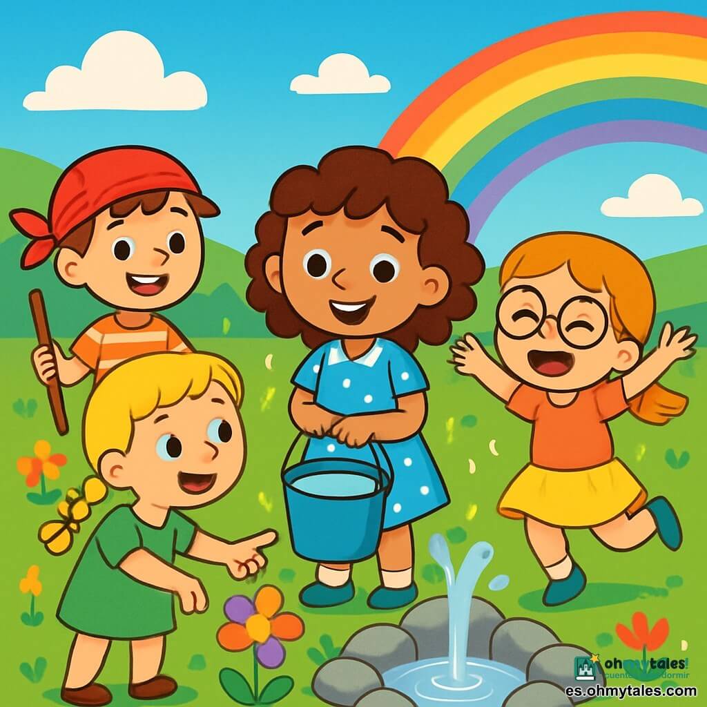 Hay 4 personajes: Luna, una niña de 6 años con cabello castaño y rizado, vestida con un vestido azul con lunares blancos, está en el centro sonriendo y sosteniendo un balde de agua brillante. Mara, una niña de 6 años con cabello rubio trenzado y una túnica verde, está a la izquierda de Luna señalando una flor colorida. Sol, una niña de 6 años con cabello pelirrojo y gafas redondas, vestida con una falda amarilla, está a la derecha de Luna riendo y saltando alegremente. Nico, un niño de 7 años con cabello castaño y un pañuelo rojo en la cabeza, lleva una camiseta a rayas y está un poco detrás sosteniendo un palo y sonriendo como si contara una historia. El lugar es un extenso páramo verde con flores brillantes y pequeñas colinas. El cielo es azul profundo con algunas nubes blancas y un arcoíris aparece en el horizonte después de una ligera lluvia. La escena principal muestra a los cuatro niños llenando sus baldes de agua en una fuente clara, rodeada de piedras lisas y pequeñas plantas, riendo juntos y creando una atmósfera alegre y amigable, mientras gotas de agua brillan a su alrededor como estrellas.