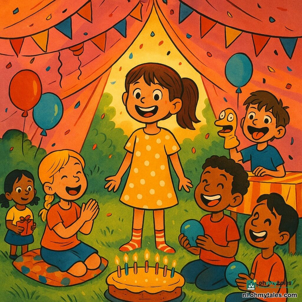 Meisje 10 jaar, halflang bruin haar in paardenstaart, ronde gezicht, brede glimlach, staat in het midden van een roze tent met opgeheven handen, gele jurk met witte stippen; Amir (~10), donkere huidskleur, korte krullen, rechts bij haar, lacht en houdt een klein blauw ballonnetje; Fleur (~10), blond in een vlecht, zit links op een kussen, klapt en kijkt naar de taart; Samuel (~10), kastanjebruin haar, staat achter de tafel met een gele sokpop en trekt een grappig gezicht; Noor (~6), klein, zwart haar in staartjes, iets naar achteren links, houdt verlegen een klein rood pakje; locatie: tuin bij zonsondergang, groen gras, grote open roze tent vol meerkleurige ballonnen, papieren slingers en bonte kussens, houten tafel met gestreept tafelkleed; situatie: verjaardagsverrassing – kinderen in kring rond een glimmende taart met tien brandende kaarsen, zwevende confetti, warm avondlicht dat door de tent valt; visuele stijl: gekleurde inkt, strakke lijnen, papiertexturen, verzadigde felle kleuren, zachte schaduwen, overdreven vrolijke expressies, compositie gecentreerd op het 10-jarige meisje.