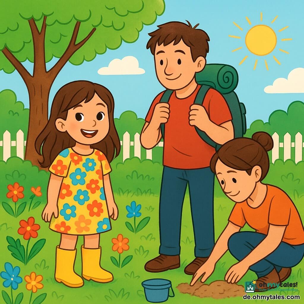 Ein 6-jähriges Mädchen mit langen braunen Haaren und neugierigen Augen steht in einem sonnigen Garten und lächelt breit. Sie trägt ein buntes Blumenkleid und gelbe Gummistiefel, bereit für ein Abenteuer. Neben ihr steht ihr Papa, ein Mann in den Dreißigern mit zerzausten Haaren und einem warmen Lächeln, der einen großen Rucksack trägt und aufmerksam den Garten beobachtet, als würde er nach etwas suchen. Etwas weiter entfernt hockt ihre Mama, eine lächelnde Frau in den Dreißigern mit braunen, hochgesteckten Haaren, und untersucht konzentriert den Boden. Der Garten ist voller bunten Blumen, einem großen Baum mit glänzend grünen Blättern und einer kleinen Sandkiste mit einem alten Eimer und einer Schaufel. Im Hintergrund grenzt ein weiß gestrichener Holzzaun das Gelände ab. Die kleine Tochter und ihre Eltern sind auf der Suche nach einem versteckten Schatz und durchkämmen fröhlich den Garten mit Lachen und enthusiastischen Gesten, was eine abenteuerliche und entdeckungsfreudige Atmosphäre schafft.