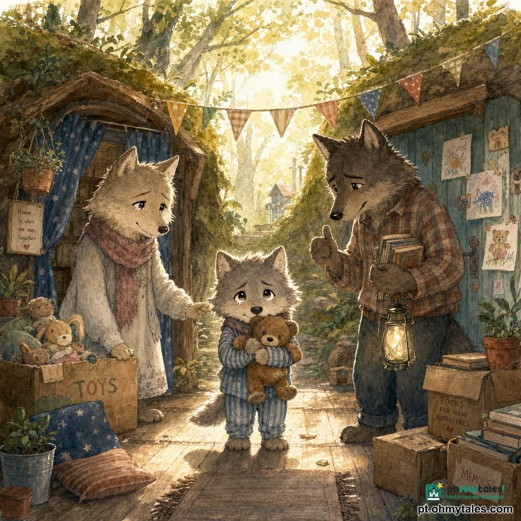 Personagem principal: pequeno lobo antropomórfico de pêlo cinzento macio, olhos grandes e brilhantes, expressão triste e corajosa, segurando um ursinho de peluche gasto contra o peito, vestido com pijama riscado azul, parado na entrada. Mãe: loba de pêlo bege claro, sorriso suave e olhos levemente úmidos, com cachecol tricotado, à esquerda junto a uma porta com cortinas azuis, mão sobre uma caixa de brinquedos. Pai: lobo maior de pêlo castanho escuro, olhar terno e reservado, camisa xadrez, à direita junto a outra porta decorada, segurando uma pequena lanterna e livros, gesto de incentivo. Local: clareira na floresta com duas pequenas moradias geminadas, chão de tábuas, caixas de mudança, bandeirolas, almofadas e plantas, luz dourada de fim de tarde filtrando pelas árvores. Situação: criança entre as duas casas, hesitante mas com o ursinho, cena íntima e emotiva em tons pastéis e textura aquarela, composição centrada no lobo.