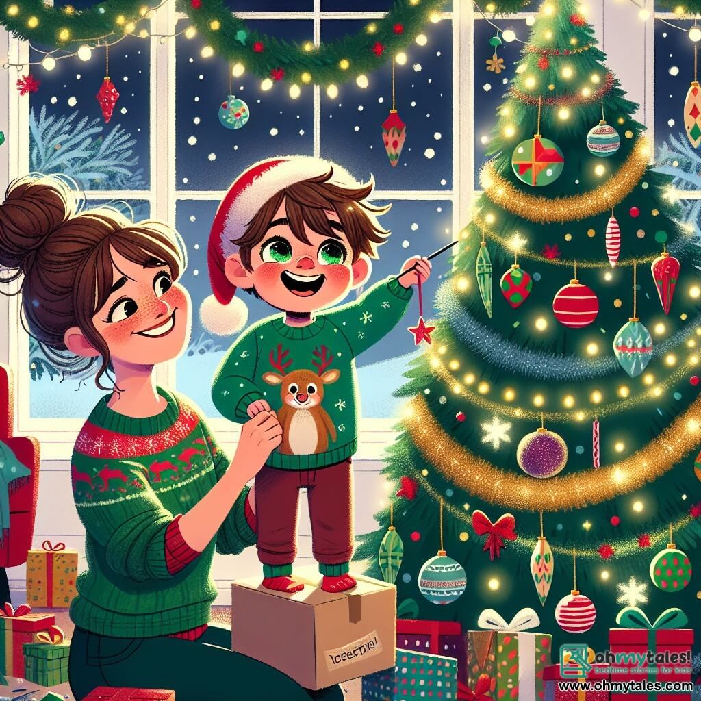 A 3-year-old boy named Sammy, with messy brown hair and sparkling eyes, is wearing a red Christmas hat and a green sweater with a reindeer. He is decorating a large Christmas tree, hanging shimmering garlands and colorful ornaments, his face glowing with excitement and happiness. Next to him, his mom, a woman in her thirties with her brown hair in a bun and a warm smile, helps him by holding a box of ornaments. She looks at Sammy with affection, sharing this magical moment together. The setting is a cozy living room filled with twinkling lights and Christmas decorations. A large tree stands in the center, surrounded by colorful gifts, while snowflakes gently fall outside through a lit window. The main scene shows Sammy and his mom decorating the tree, creating a festive and joyful atmosphere full of laughter and Christmas magic.