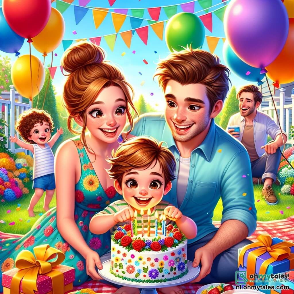 Een kleine jongen van 2 jaar, Sam, met rommelig bruin haar en grote, sprankelende ogen van vreugde, zit op een kleurrijk dekentje, omringd door kleurrijke ballonnen. Hij glimlacht breed terwijl hij een mooi stuk taart met brandende kaarsjes vasthoudt. Naast hem staat zijn mama, een vrouw van ongeveer 30 jaar met kastanjebruin haar in een knot, die een bloemenjurk draagt en Sam trots aankijkt terwijl ze een bord taart vasthoudt. Zijn papa, een man van ongeveer 32 jaar met een lichte baard en een blauwe t-shirt, staat achter hen, klaar om een foto te nemen, met een stralende glimlach. De scène speelt zich af in een zonnige tuin vol kleurrijke bloemen en groen, met een grote tafel versierd met confetti en cadeaus. Ballonnen zweven in de lucht, wat een feestelijke en vrolijke sfeer creëert. Sam staat op het punt om zijn kaarsjes uit te blazen, omringd door zijn familie, terwijl een vrolijke, kleurrijke papegaai om hen heen danst en een vleugje magie aan deze verjaardagsviering toevoegt.
