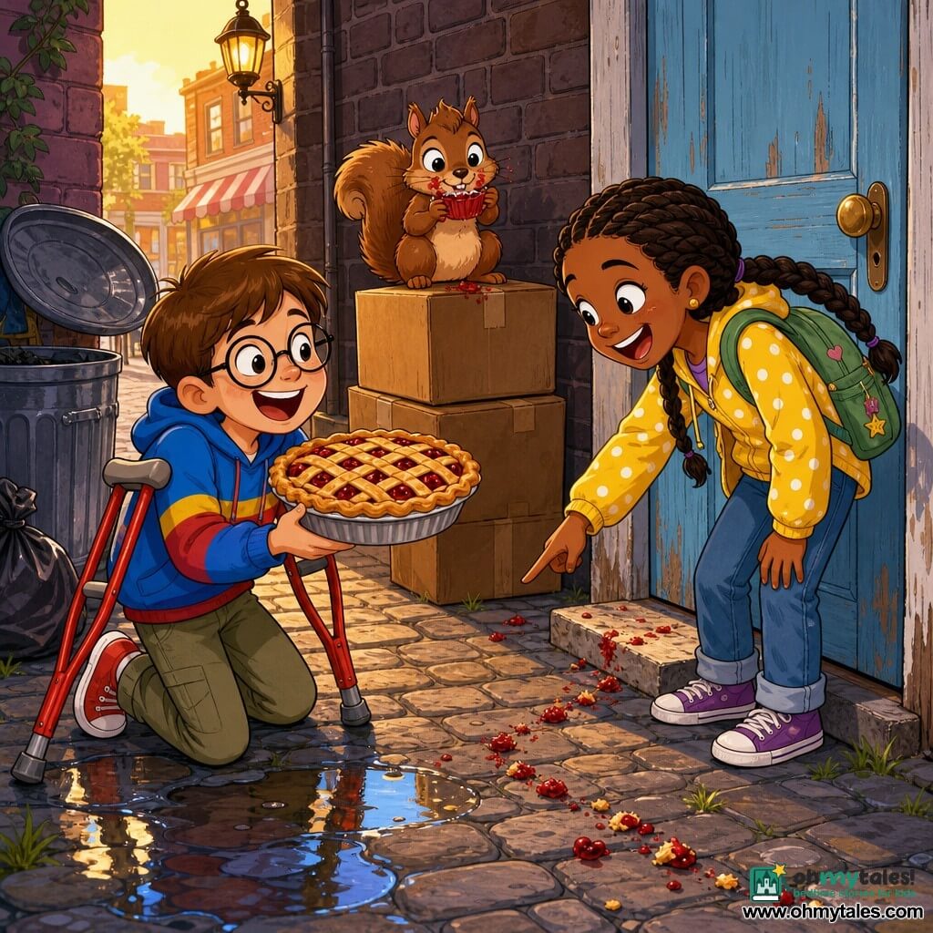 Three characters: a kneeling 10-year-old boy with short brown hair, round glasses, colorful clothes and red crutches, holding a cherry pie and smiling broadly; a standing 9-year-old girl with long braided hair, a yellow polka-dot jacket and green backpack, leaning forward and pointing at a trail of crumbs with a mischievous expression; and a small fluffy brown squirrel perched on a stack of cardboard boxes at the back, holding a tiny scrap of red pie paper with red crumbs around its mouth. Setting: a cobbled alley behind a bakery with stacked boxes and flour sacks labeled “Boulangerie,” a light blue wooden door to the left, an open metal bin and warm late-afternoon light. Main situation: the children have discovered the pie-stealing squirrel—bright colors, visible red crumb trail from the bakery door to the boxes, joyful atmosphere and exaggerated expressions.