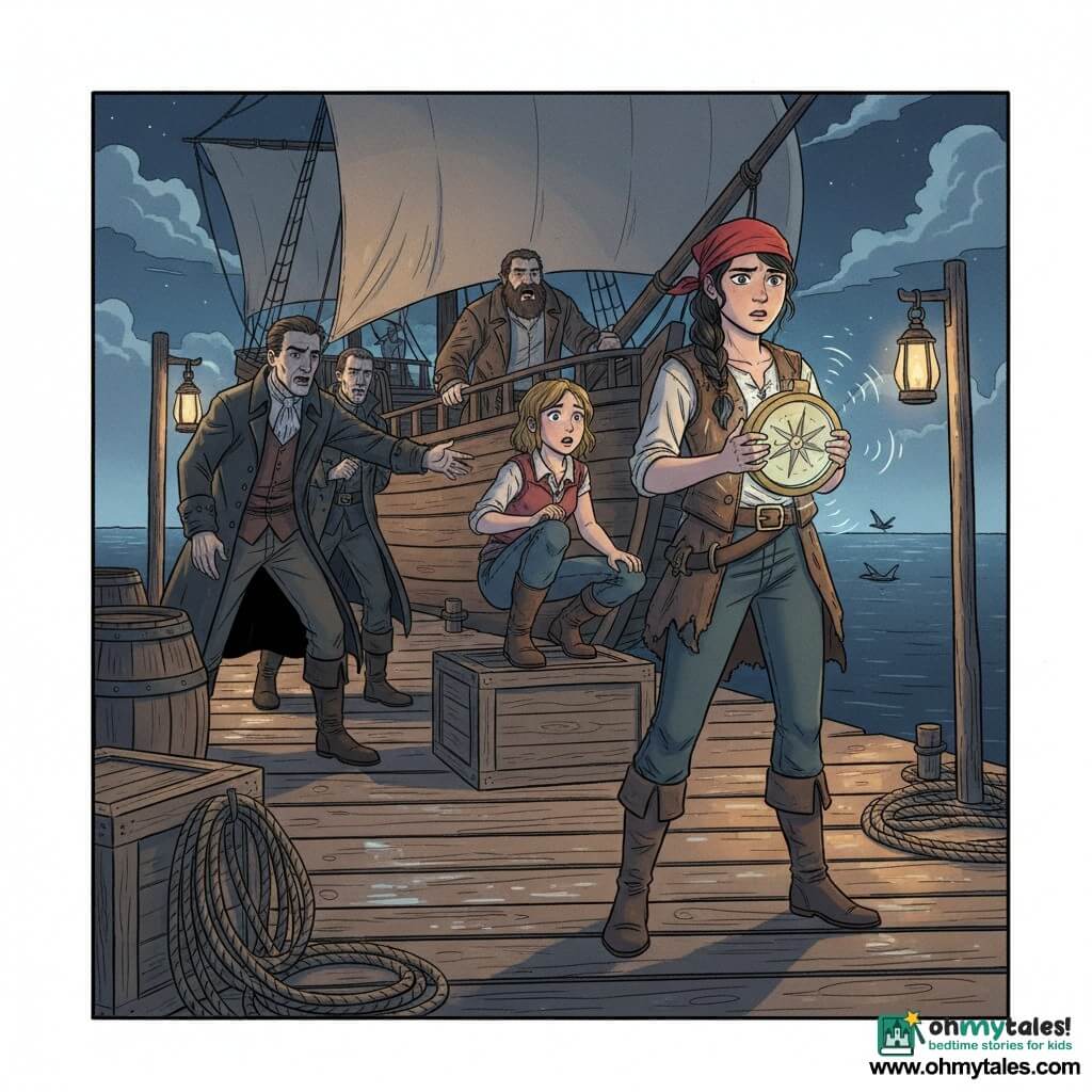 Mara is a 19-year-old determined, worried quartermaster with furrowed brows, a red scarf, black braid, worn jacket and boots, holding a vibrating brass compass; Juno, about 18, lively and surprised, crouches on a crate to Mara's left, eyeing the compass; Captain Rook, ~45, bulky and concerned, stands on the sloop's stern behind Mara, hand on the rail, shouting toward the dock; two men in long coats are threatening pirates—Captain Vex, about 35 and tall, reaches for the compass while the other hangs back in the dock's shadow; night dock with wet planks, coiled ropes, stacked barrels, oil lamps casting warm pools amid cool moonlight, silhouetted gulls and dark water reflections; main situation: tense confrontation as Mara protects a magical compass from pirates while her captain watches from the ship and her friend supports her from a crate; graphic style: soft colors, clear contrasts, rounded lines, readable expressions, detailed wood and metal textures, slightly mysterious child-friendly nighttime mood.