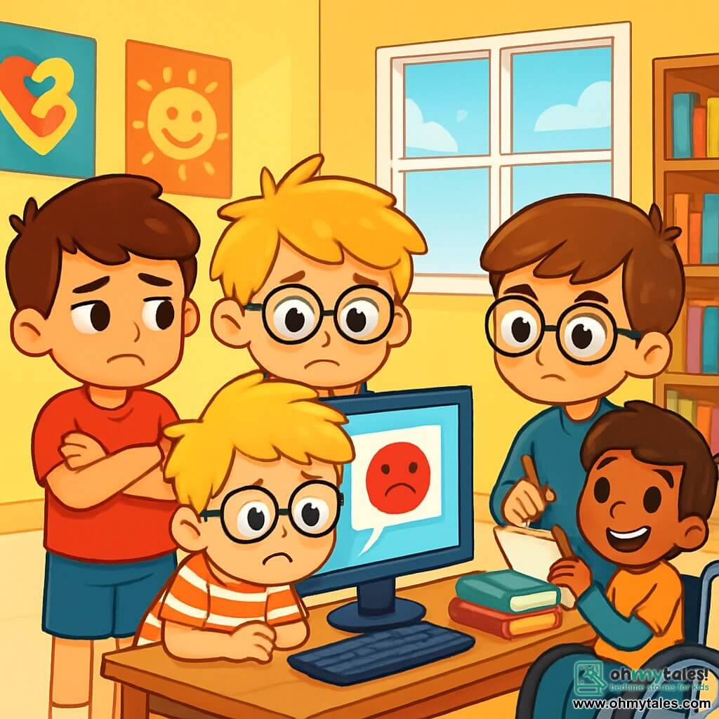 There are 4 children: Max: An 8-year-old boy with shiny brown hair and a big smile. He wears a red t-shirt and blue shorts. He stands on the left, arms crossed, looking worried. Theo: An 8-year-old boy with messy blonde hair and round glasses. He wears a striped shirt and green pants. He is in the center, looking at the computer screen with curiosity. Sam: An 8-year-old boy with brown hair and large glasses. He wears a blue sweater and jeans. He is on the right, holding a pencil and a sketchbook, looking thoughtful. Riley: An 8-year-old boy with black hair and a big smile. He uses a wheelchair with blue wheels. He is slightly behind, smiling and encouraging his friends. The setting is a bright classroom with yellow-painted walls and windows letting in sunlight. Colorful posters about the importance of friendship and kindness decorate the walls. Computers are lined up on wooden desks, and brightly covered books are stacked on shelves. The main situation shows the four friends gathered around a computer, where a message of cyberbullying appears on the screen. The children's faces express sadness and concern, while Riley, with his encouraging smile, tries to lift his friends' spirits.