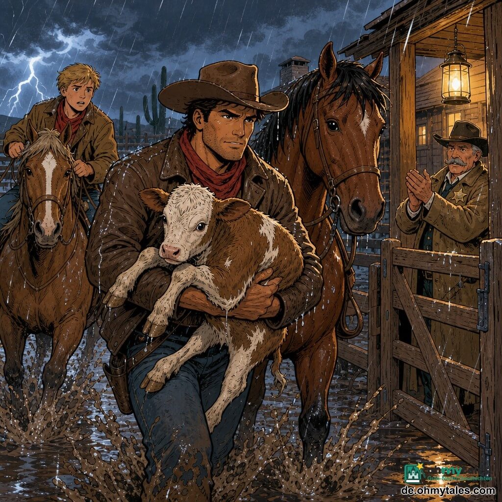 Tom, etwa 30–35, sonnengebräunt, kantiges Gesicht, entschlossener, wohlwollender Ausdruck, Cowboyhut, abgenutzte Lederjacke, rotes Halstuch, schlammige Stiefel, hält ein zitterndes Kalb und stapft durch den Matsch; Billy, etwa 16, kurzer blondes Haar, besorgt aber mutig, sitzt zu Pferd hinter Tom und lenkt Richtung Corral; Sheriff Miller, ~50, kräftig mit grauem Schnurrbart, nasser Regenmantel, steht am Corraltor, von Laternenlicht beleuchtet, erleichtert und klatschend; Dusty, Toms dunkelbraunes Pferd mit zerzauster Mähne und tropfendem Fell, neben Tom bereit das Kalb zu tragen; wildes Pinto-Wildpferd etwas zurückhaltend, stolz und ruhig; Szene: hölzerner, regenverglänzender Corral, schlammiger Boden mit Pfützen, Ranchhaus und Zäune im Hintergrund, niedriger wolkiger Himmel mit entfernten Blitzen, warme Laternenbeleuchtung kontrastiert mit blau-grauem Abend, dramatische, zugleich beruhigende Rettungsszene im Regen, dynamische Bewegungen und starke Mimik, Fokus auf Tom und dem Kalb.