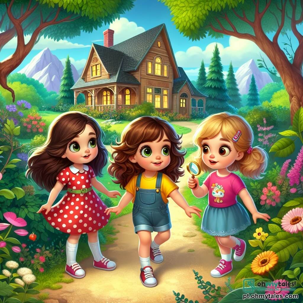Três meninas de três anos, Ana, Bia e Clara, estão em plena aventura. Ana, com cabelos castanhos e olhos brilhantes, usa um vestido vermelho com bolinhas e segura uma pequena lupa. Bia, com cabelos loiros e cacheados, veste uma camiseta amarela e um short de jeans, apontando para um caminho misterioso. Clara, com cabelos castanhos e uma pequena trança, usa uma saia azul e uma camiseta rosa, olhando com curiosidade para uma pequena chave brilhante que encontrou. O cenário é um parque encantado, repleto de árvores majestosas, flores coloridas e um caminho estreito cercado de arbustos. Ao longe, uma pequena casa de madeira, escondida atrás de flores silvestres, parece esperar para ser explorada. As três amigas estão diante da casa, prontas para descobrir o tesouro escondido dentro. Elas estão animadas e curiosas, se perguntando o que a chave pode abrir. A atmosfera é cheia de mistério e aventura, com um céu azul claro e nuvens fofas.