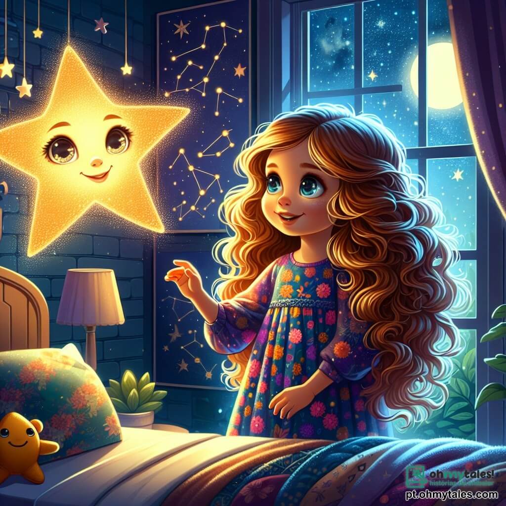 Uma menina de 6 anos, chamada Lila, está diante de sua janela, com os olhos brilhando de admiração. Ela tem longos cabelos cacheados, de um castanho dourado, e usa um vestido colorido adornado com flores. Seu rosto ilumina-se com um sorriso curioso, enquanto estende a mão em direção ao céu estrelado, como se quisesse tocar as estrelas. Ao seu lado, uma estrela brilhante, personificada com um rosto sorridente e olhos cintilantes, flutua no ar. A estrela é de um amarelo radiante, com raios cintilantes que iluminam o quarto. Ela parece falar com Lila, compartilhando segredos do céu. A cena se passa no quarto de Lila, decorado com pôsteres de constelações e bichinhos de pelúcia. A luz da lua filtra pela janela, criando uma atmosfera mágica e relaxante. Lila, maravilhada, ouve atentamente a estrela que lhe conta histórias sobre a busca da verdadeira felicidade e sabedoria, enquanto uma brisa suave faz dançar as cortinas da janela.