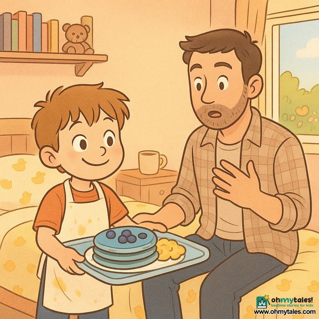 A 6-year-old boy with a round face, messy light-brown hair, bright eyes and a mischievous focused smile wears a large white apron stained with egg yolk and bows like a little waiter while holding a tray of bluish blueberry pancakes and scrambled eggs; a 35–40-year-old father with light beard and short brown hair sits on the bed in surprise and tenderness, one hand on his heart and the other reaching for the tray, wearing an open plaid shirt over a light t-shirt; the boy is foreground right and the father background left on a bed with a yellow-duck duvet in a softly lit peach-walled room with shelves of colorful books and stuffed animals, an open window to a sunny garden with flowers and a steaming cup of coffee on a small table; the scene is a proud improvised waiter offering a Father’s Day surprise breakfast, warm expressions, pastel colors, joyful tender atmosphere, simple comic style with soft outlines and subtle textures.