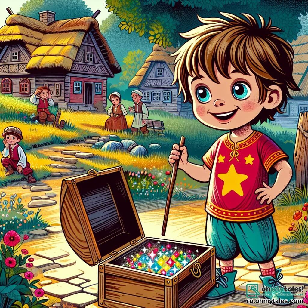 Un băiat de 4 ani, pe nume Luca, cu părul castaniu și ochi strălucitori de curiozitate, stă în centrul imaginii, uimit de o cutie colorată care strălucește. Poartă un tricou roșu cu stele și o pereche de pantaloni scurți albaștri, având un zâmbet mare pe față, arătându-și entuziasmul pentru aventura ce îl așteaptă. Lângă el, un alt băiat, Mihai, de aproximativ 6 ani, cu părul blond și ochi deschiși, poartă o tunică tradițională bej. El îl privește pe Luca cu un zâmbet prietenos, ținând în mână un băț de lemn, pregătit să se joace. Mihai stă ușor înapoi, într-o postură primitoare, ca și cum l-ar invita pe Luca să se alăture jocului. Fundalul este un sat vechi, cu case din lemn și acoperișuri de paie, înconjurat de câmpuri verzi și flori colorate. Copiii se joacă pe strada pavată, iar adulții își desfășoară activitățile zilnice, creând o atmosferă caldă și animată. Situația principală îl arată pe Luca descoperind cutia magică care l-a transportat în trecut, pregătindu-se să exploreze această lume nouă plină de bucurie și prietenie, înconjurat de râsete și jocuri.