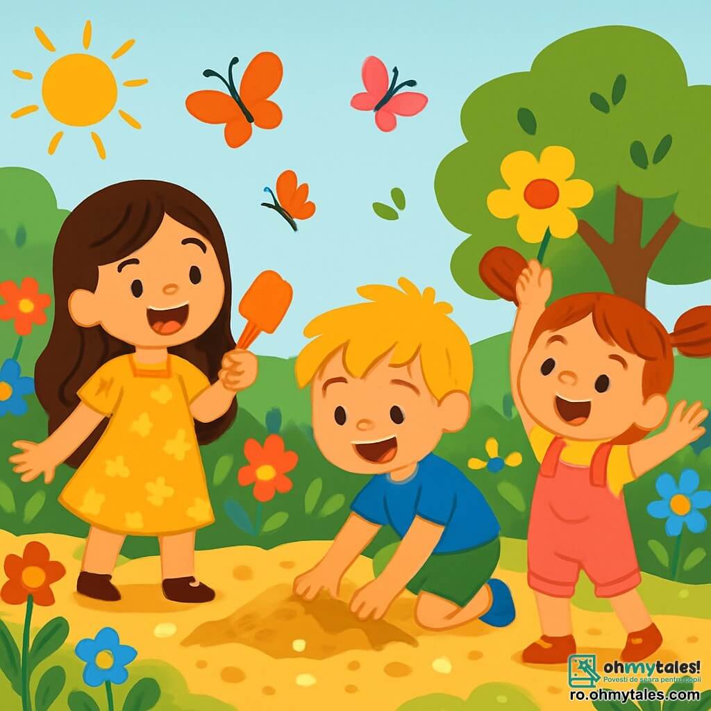Există 3 personaje: - Maria: o fetiță de 6 ani cu păr lung brun, purtând o rochie galbenă cu flori. Zâmbește fericită și ține o mică lopată din plastic. - Andrei: un băiat de 7 ani cu păr blond ciufulit, purtând un tricou albastru și o pereche de pantaloni scurți verzi. Este ghemuit, căutând cu entuziasm în nisip. - Ioana: o fetiță de 5 ani cu părul roșu prins în două codițe, purtând o salopetă roz. Stă în picioare, cu brațele ridicate, arătând o floare frumoasă pe care a găsit-o. Locul este o mare fâneață verde, plină de flori colorate și copaci mari. Soarele strălucește pe un cer albastru deschis, iar fluturii dansează în jurul copiilor. Solul este acoperit cu nisip auriu, presărat cu pietricele strălucitoare. Situația principală arată copiii în plină aventură, căutând comori ascunse în nisip. Sunt foarte excitați, râzând și încurajându-se, în timp ce descoperă minunile naturii.