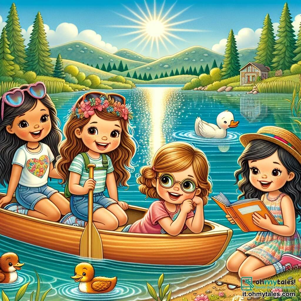 Quattro ragazze di undici anni, Aurora, Giulia, Sofia e Marta, sono riunite presso un lago scintillante. Aurora, con i lunghi capelli castani e gli occhi brillanti, tiene una pagaia e sorride felicemente. Accanto a lei, Giulia, con i capelli ricci e occhiali da sole, ride mentre cerca di remare nel kayak. Sofia, con una treccia bionda e un cappello di paglia, osserva i anatre che nuotano vicino a loro, incantata. Infine, Marta, con i capelli lisci e una fascia colorata, prende appunti nel suo quaderno, ansiosa di raccontare la loro avventura. Il luogo è un magnifico lago circondato da colline verdi, con alberi maestosi che si riflettono nell'acqua chiara. Il cielo è di un blu intenso, punteggiato da alcune nuvole bianche e soffici, e il sole brilla intensamente, creando riflessi scintillanti sulla superficie dell'acqua. La scena principale mostra le ragazze che remano insieme nel loro kayak, ridendo e incoraggiandosi a vicenda mentre esplorano le meraviglie della natura che le circonda.