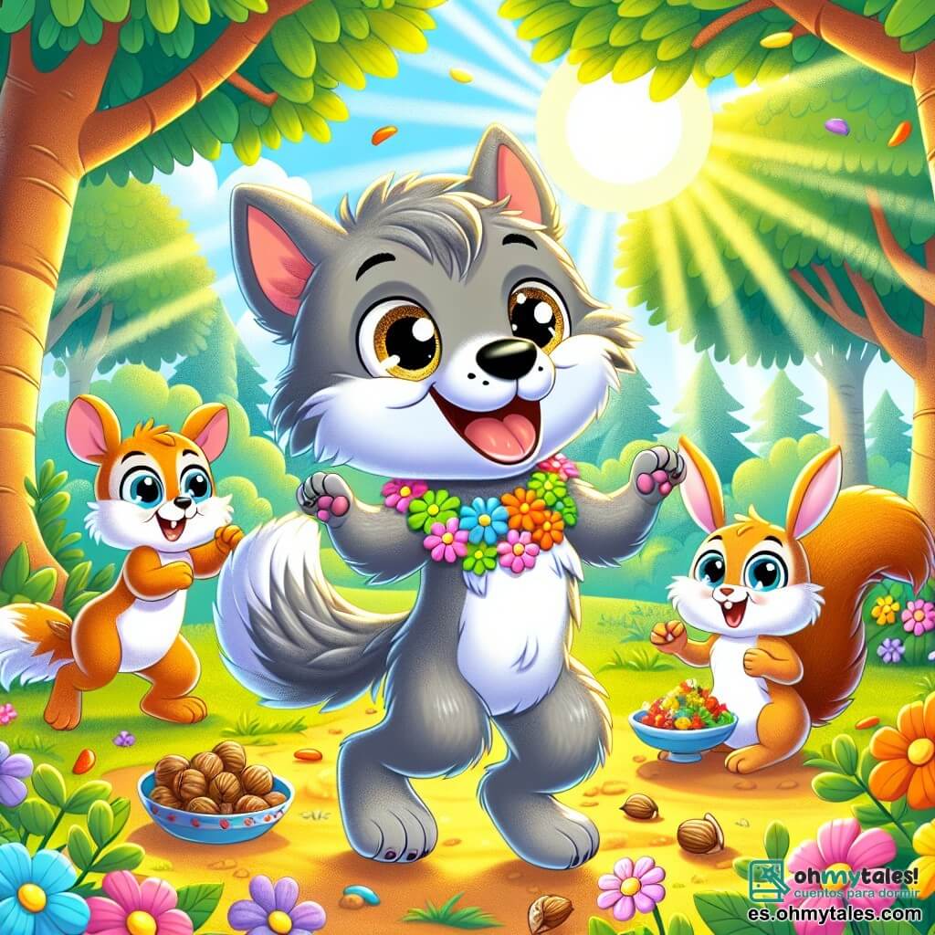 Un pequeño lobo de pelaje gris y ojos brillantes de alegría baila con entusiasmo en el centro de un claro soleado, con las patas levantadas y una gran sonrisa en su rostro. Lleva un collar de flores coloridas alrededor del cuello, simbolizando la diversidad. A su derecha, una pequeña ardilla de pelaje marrón claro y ojos vivos, saltando de felicidad, sostiene nueces decoradas en sus pequeñas patas, lista para compartirlas con sus amigos. A su izquierda, un joven conejo de grandes orejas blancas y ojos curiosos, sonriendo y preparando un plato de ensalada de zanahorias, mira a Lupi con admiración. La escena se desarrolla en un claro verde, rodeado de majestuosos árboles con hojas brillantes, donde crecen flores multicolores, creando una atmósfera alegre y festiva. Rayos de sol filtran a través de las ramas, iluminando el suelo y añadiendo un toque mágico al entorno. La situación principal muestra al pequeño lobo enseñando a sus amigos cómo bailar bajo la luna, todos unidos en una celebración alegre de la diversidad, con risas y aplausos resonando a su alrededor.