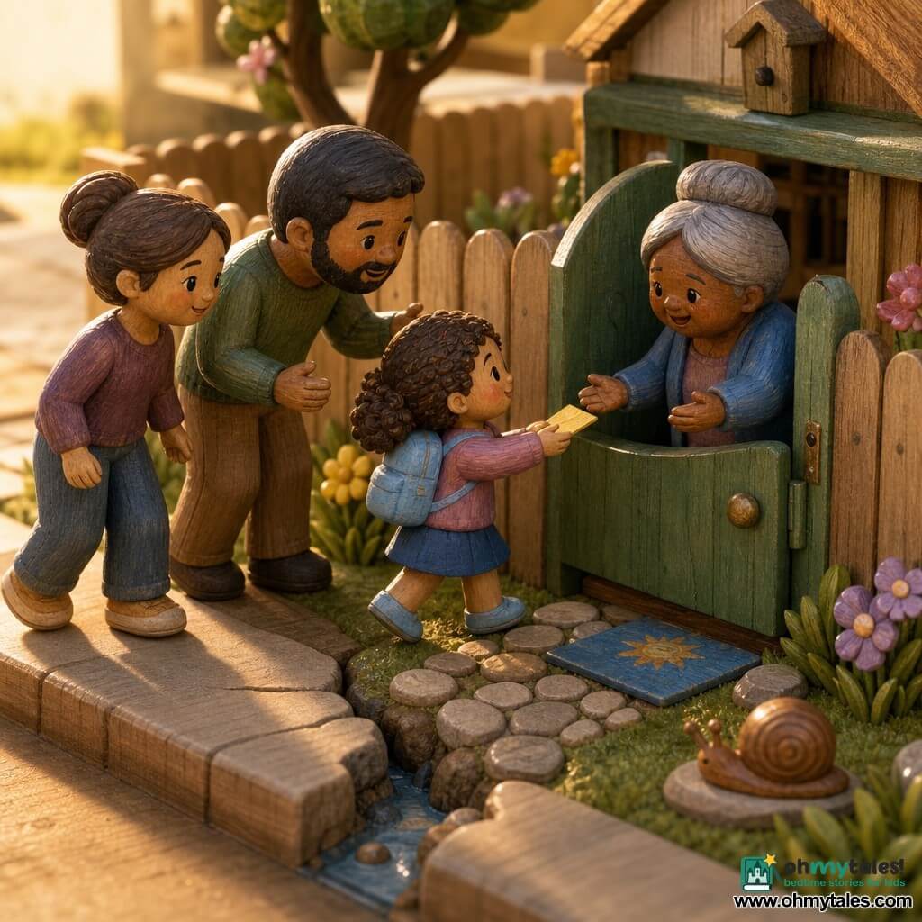 A determined 4-year-old girl with a round face, brown curly hair, rosy cheeks and a light blue backpack holds a small blue envelope (a shiny folded yellow message) in both hands as she walks toward a miniature green wooden garden gate; her mother (~30) with tied-back hair smiles softly behind her while her father (~32) with a light beard leans in encouragingly, and her grandmother (~65) with gray hair in a bun waits at the partly open gate with arms open. The suburban mini garden shows a blue doormat with a sun, a round-stone path across a sidewalk crack like a little “river,” well-kept green lawn, yellow and purple flowers along the fence, a shiny brown snail on a nearby stone, wood textures and matte paint, warm saturated colors and soft late-afternoon light casting long shadows. The scene centers on the brave little girl handing the message to her grandmother through the gate—a calm, tender moment of everyday heroism.