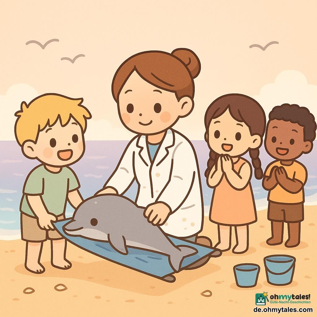 Eine konzentrierte, lächelnde Tierärztin mit zusammengebundenen kastanienbraunen Haaren und leicht sandverschmutztem weißen Kittel kniet und hält sanft ein kleines perlmuttgraues Delfinbaby auf einer blauen Stoffbahre, während der etwa 8-jährige Ben mit zerzaustem blondem Haar die Bahre links trägt, ein etwa 6-jähriges Mädchen mit zwei Zöpfen hinter der Tierärztin die Hände vor dem Mund hält und erstaunt schaut, zwei weitere Kinder (etwa 7 und 5 Jahre) rechts applaudieren neben kleinen Wassereimern; der Delfin wirkt müde, aber erleichtert, seine nasse glatte Haut glänzt mit Wassertropfen, die breite goldene Strandfläche mit feuchtem Sand, leichten Wellen, vereinzelten Muscheln, Fußspuren und fliegenden Möwen liegt im warmen Pastelllicht des späten Tages, die Gruppe bereitet fürsorglich und hoffnungsvoll die Rückkehr des Delfins ins Meer vor.
