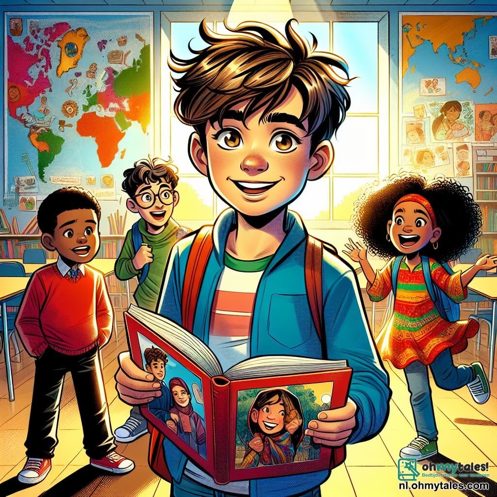 Een 12-jarige jongen, Sam, met rommelig bruin haar en nieuwsgierige ogen, staat in het midden van de afbeelding. Hij draagt een felblauw T-shirt en een spijkerbroek, met een uitdrukking van opwinding en bezorgdheid terwijl hij een open notitieboekje in zijn handen houdt. Aan zijn rechterkant staat Amir, een 12-jarige jongen met zwart haar en een olijfkleurige huid, die breed glimlacht terwijl hij een foto van zijn familie laat zien. Hij draagt een rode trui en staat zelfverzekerd, klaar om zijn verhaal te delen. Links danst Zoë, een 11-jarig meisje met krullend haar en een karamelkleurige huid, vrolijk op de plaats in een kleurrijke jurk, wat de feesten van haar geboorteland Suriname oproept. De achtergrond is een heldere klaslokaal met muren versierd met wereldkaarten en kindertekeningen die hun culturen vertegenwoordigen. Het zonlicht dat door de ramen komt, verlicht de gezichten van de kinderen en creëert een warme, uitnodigende sfeer. De hoofdscène toont Sam, Amir en Zoë die hun project over culturele diversiteit voorbereiden, ideeën en glimlachen uitwisselend, terwijl ze enthousiast elementen van hun erfgoed delen, wat een moment van kameraadschap en ontdekking creëert.