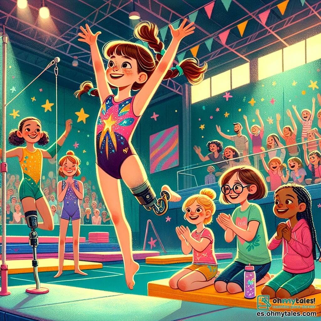 Clara, una niña de 11 años con cabello castaño y ojos brillantes, está en el centro de la imagen, saltando para realizar un ejercicio de gimnasia, vestida con un leotardo colorido con motivos estrellados. A su derecha, Ana, una chica intrépida con cabello rubio y trenzas, aplaude con entusiasmo, vestida con una camiseta rosa y un short azul. A la izquierda, Beatriz, una niña castaña con gafas y una sonrisa alentadora, sostiene un pequeño cuaderno donde anota los progresos de sus amigas, vestida con una camiseta sin mangas verde y leggings negros. Finalmente, Sofía, una niña con cabello castaño y una prótesis de pierna decorada con pegatinas coloridas, sonríe alegremente mientras sostiene una botella de agua, vestida con un conjunto deportivo morado. El escenario se desarrolla en un gimnasio luminoso, con paredes pintadas de azul y amarillo, alfombrillas de gimnasia suaves en el suelo y espejos que reflejan los movimientos de las jóvenes atletas. La situación principal muestra a Clara en pleno salto, desafiando la gravedad con gracia, mientras sus amigas la animan con sonrisas y aplausos, ilustrando el espíritu de equipo y la camaradería que las une en su pasión por la gimnasia.