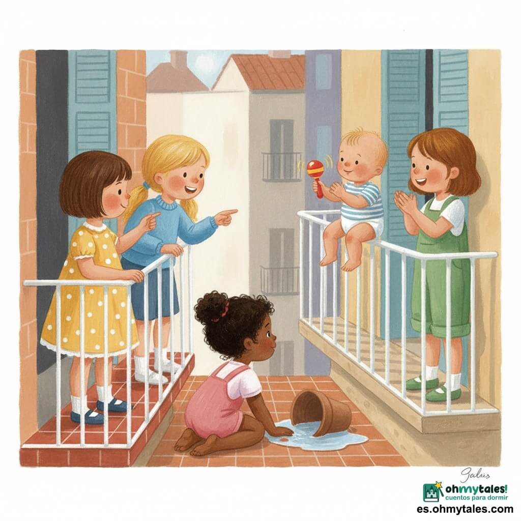 Hay 5 personajes: Ana, niña de 1 año, pelo corto castaño, vestido amarillo con lunares, a la izquierda en el balcón ofreciendo una galleta; Bea, niña de 1 año, coletas rubias y suéter azul, centro-izquierda, sonriendo y señalando el sonajero; Caro, niña de 1 año, pelo negro rizado, ranita rosa, agachada junto a una maceta mirando al bebé; Dora, niña de 1 año, pelo castaño claro, peto verde, a la derecha aplaudiendo; bebé vecino, niño de ~1 año, en pañal y body a rayas, sentado en el borde del balcón frente a las niñas sosteniendo un sonajero rojo y amarillo que suena. Lugar: balcón soleado con baldosas rojas, barandilla de hierro blanco, dos macetas (una con agua derramada), una pequeña silla de madera y al fondo fachadas coloridas. Situación: las niñas recuperan el sonajero; ambiente cálido y curioso, pinceladas de gouache visibles y colores pastel vivos, expresiones amables y gestos claros.